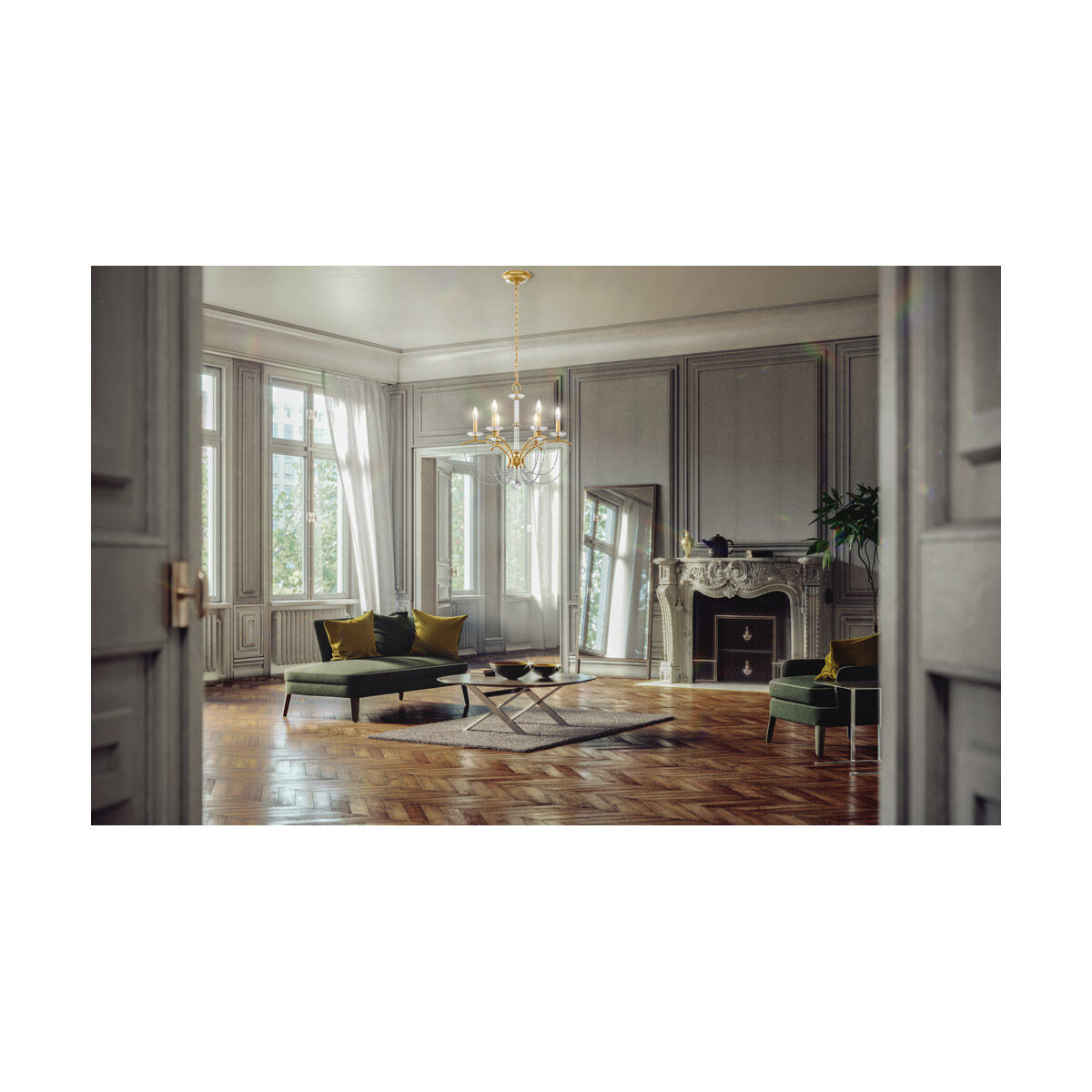 Priscilla 6 Light Heirloom Gold Chandelier Ceiling Light in White Pearl, Adjustable Height