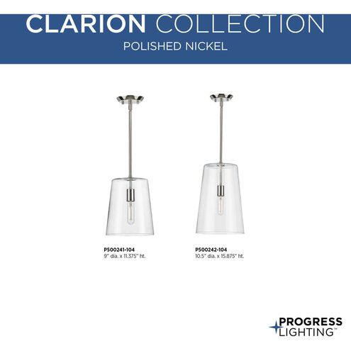 Clarion 1 Light Polished Nickel Pendant Ceiling Light, Medium