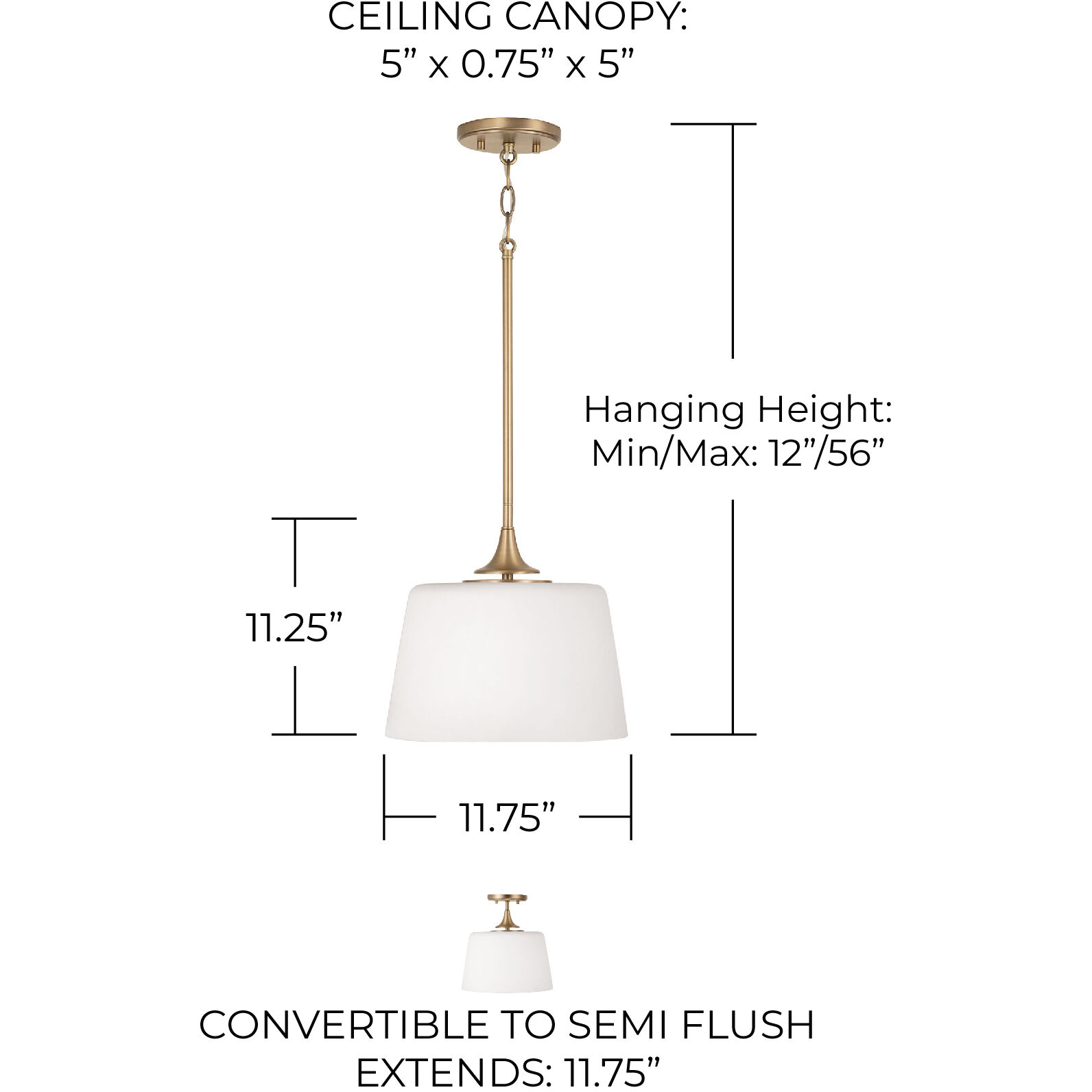 Presley 1 Light 11.75 inch Aged Brass Semi-Flush Mount Ceiling Light, Convertible Dual Mount