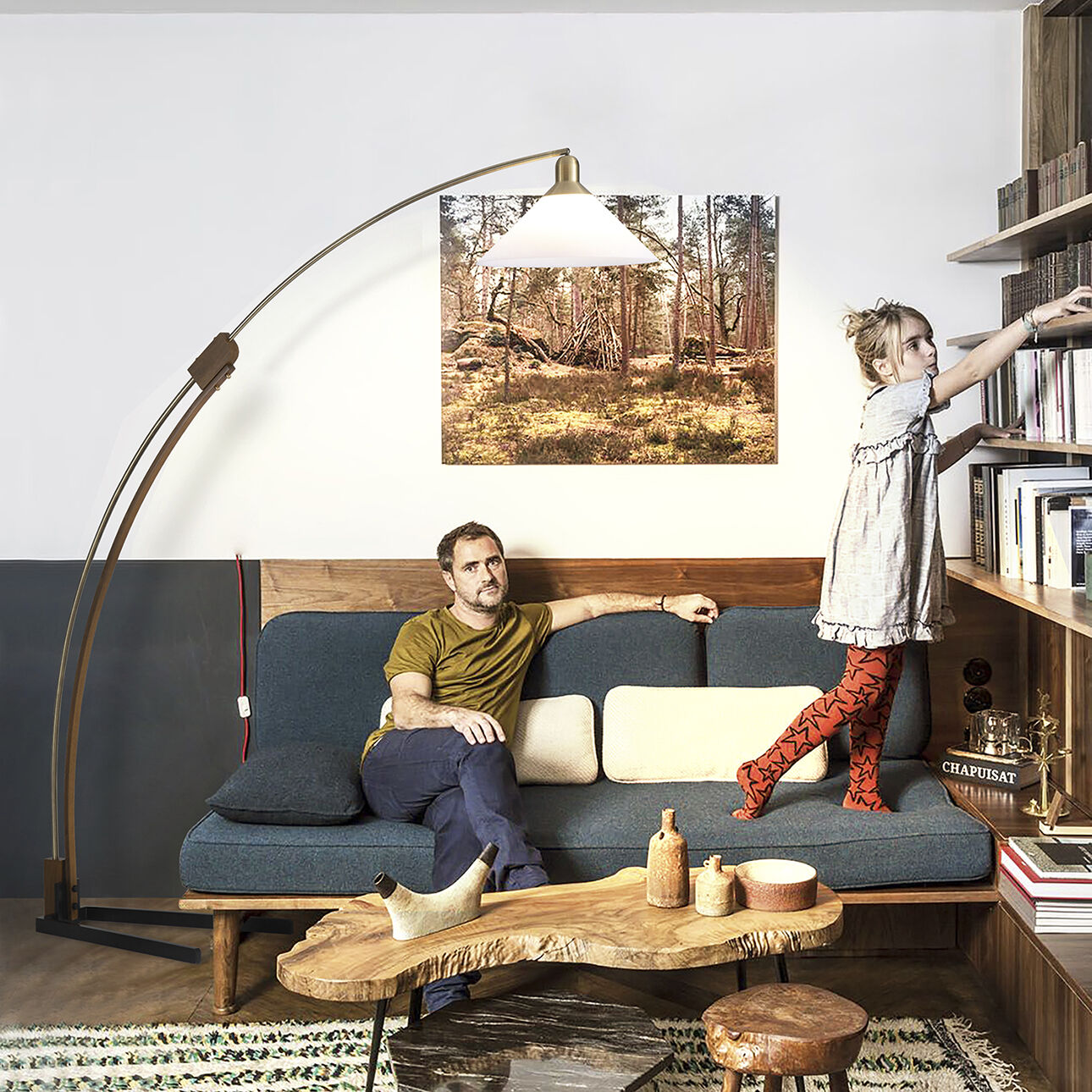 Melmar 80 inch 100.00 watt Walnut and Weathered Brass with Black Arc Floor Lamp Portable Light