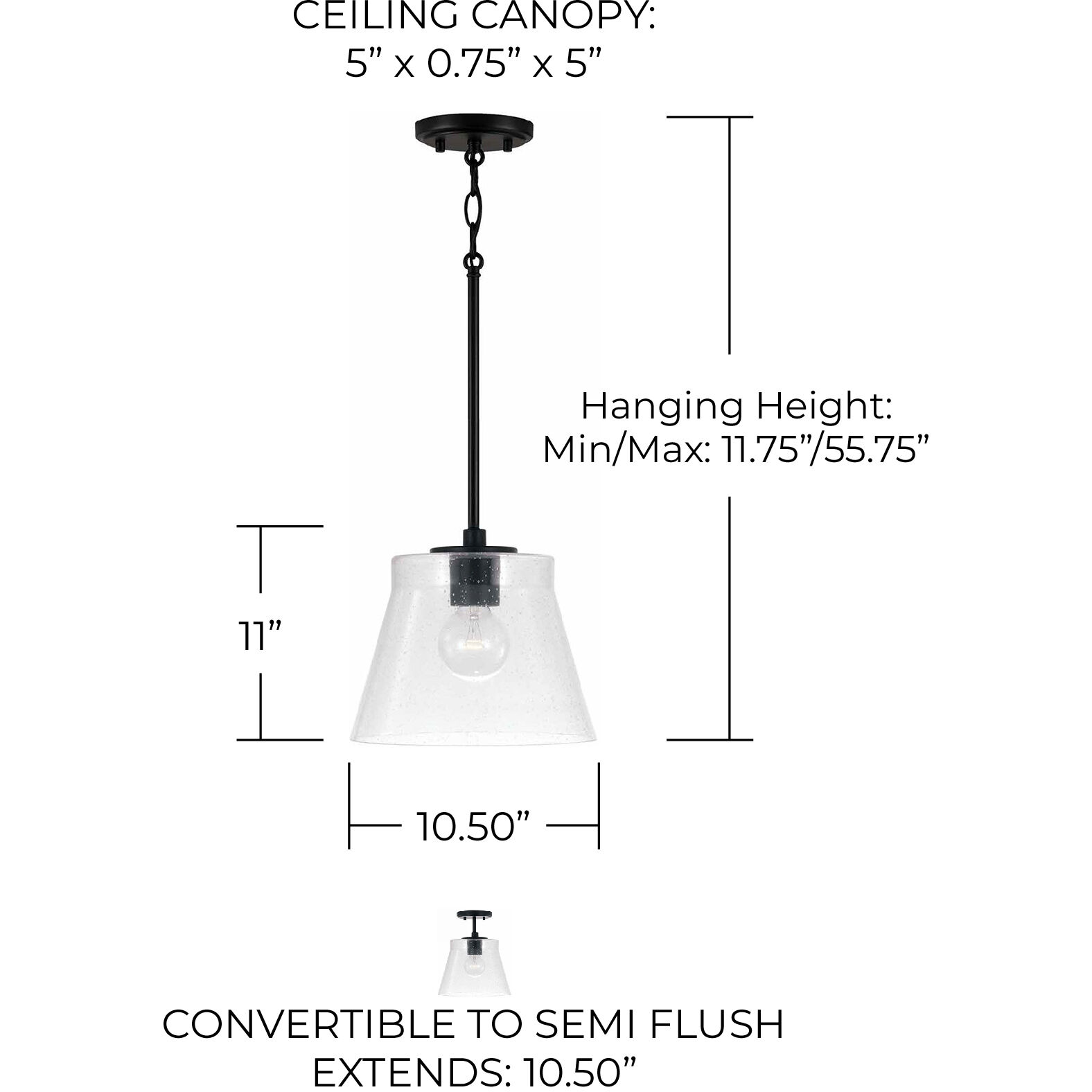 Baker 1 Light 10.5 inch Matte Black Pendant Ceiling Light, Convertible Dual Mount