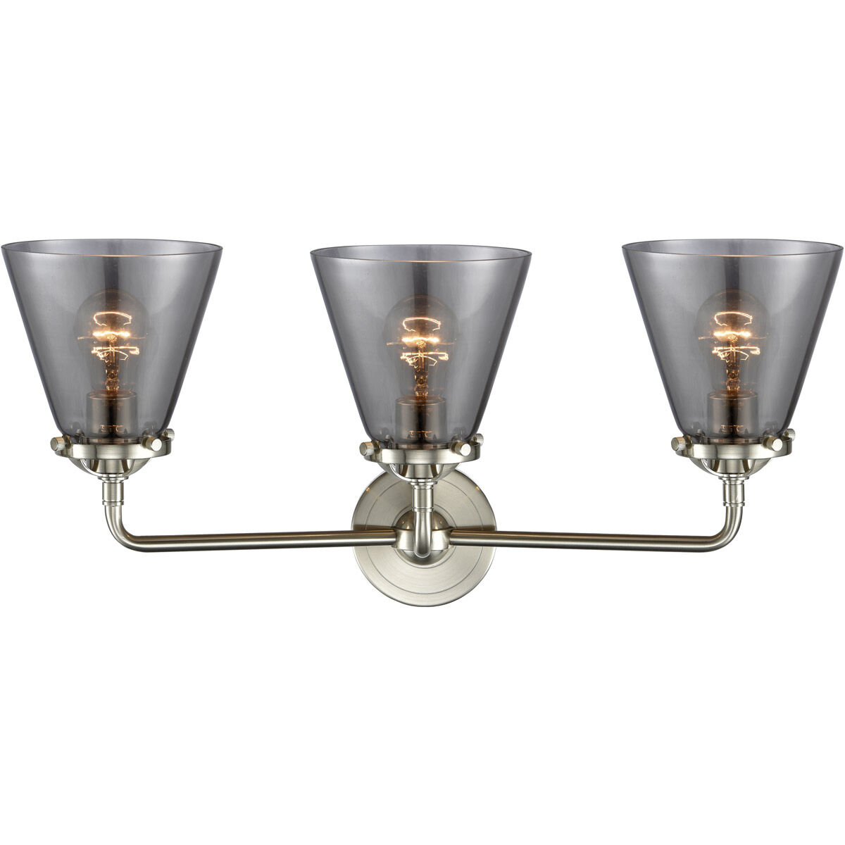 Nouveau Small Cone 3 Light 24 inch Brushed Satin Nickel Bath Vanity Light Wall Light in Plated Smoke Glass, Nouveau