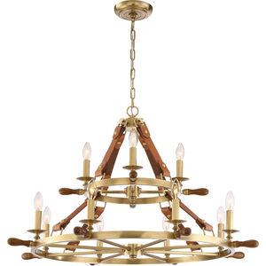 Carlisle 12 Light 37.8 inch Aged Brass with Leather and Stained Wood Chandelier Ceiling Light