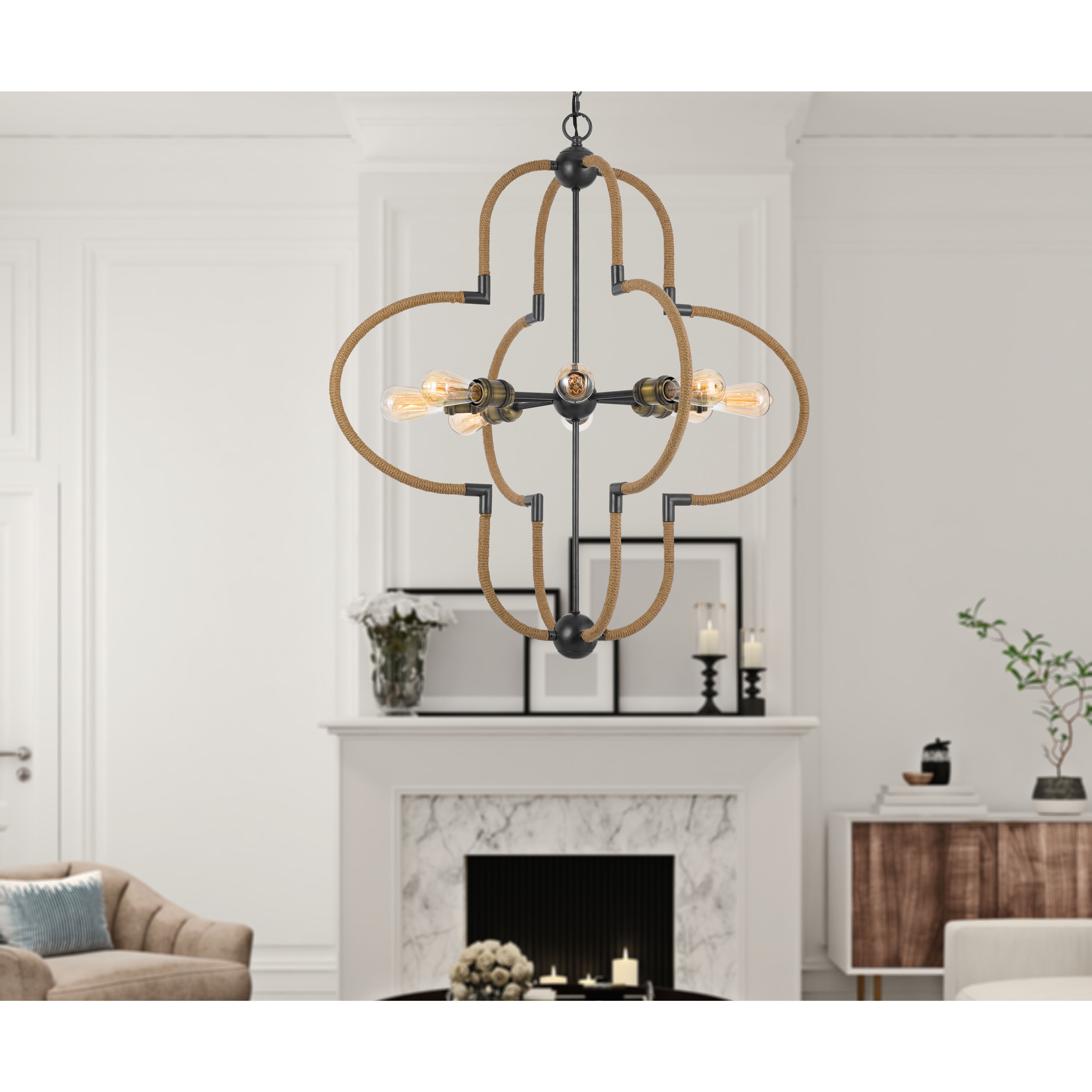 Tahoka 8 Light 36 inch Burlap and Black Iron and Antique Brass Chandelier Ceiling Light