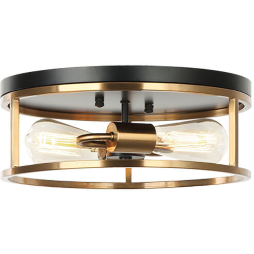 Clarke 2 Light 14 inch Black and Aged Gold Brass Flush Mount Ceiling Light