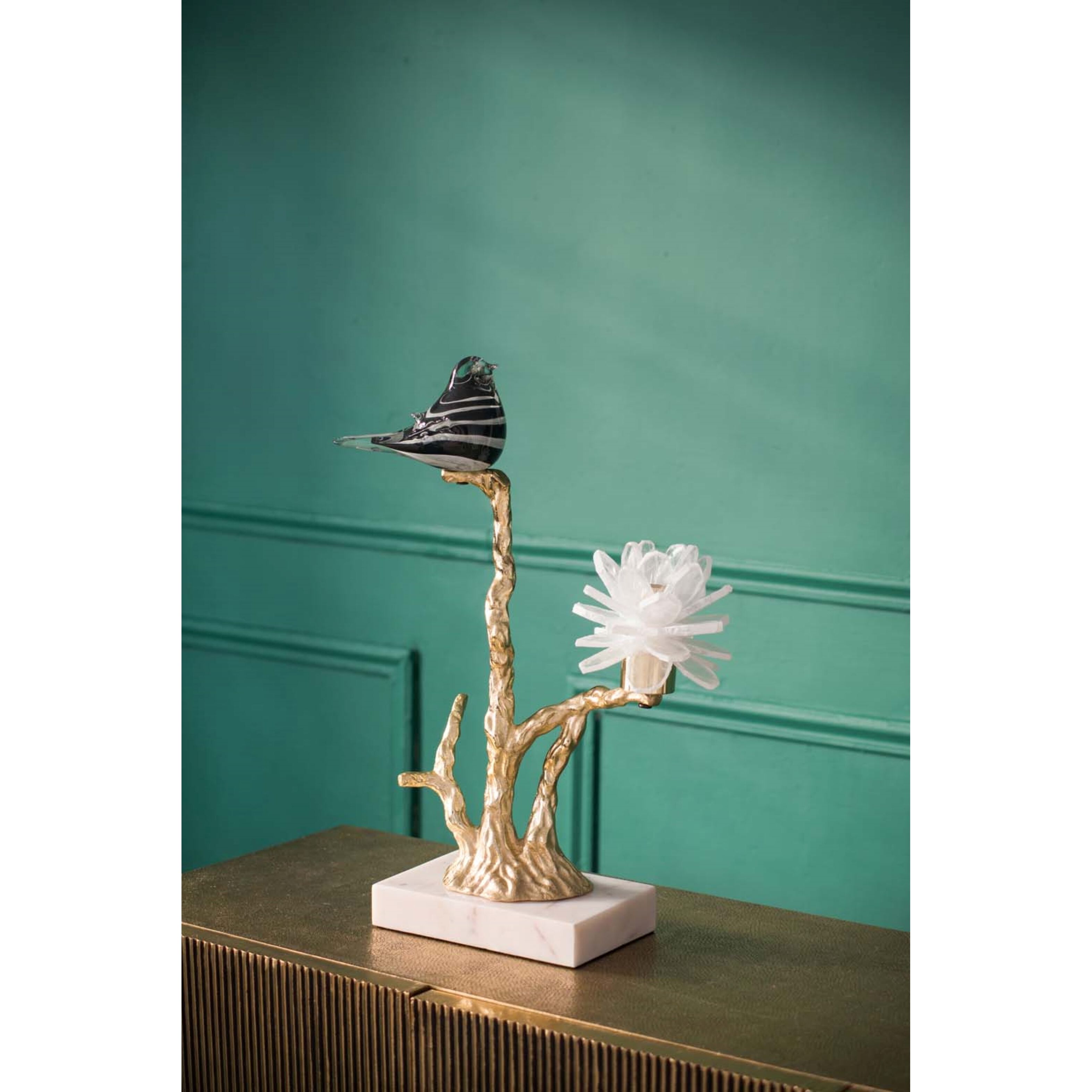 Sitting Bird on Branch Gold and White Décor