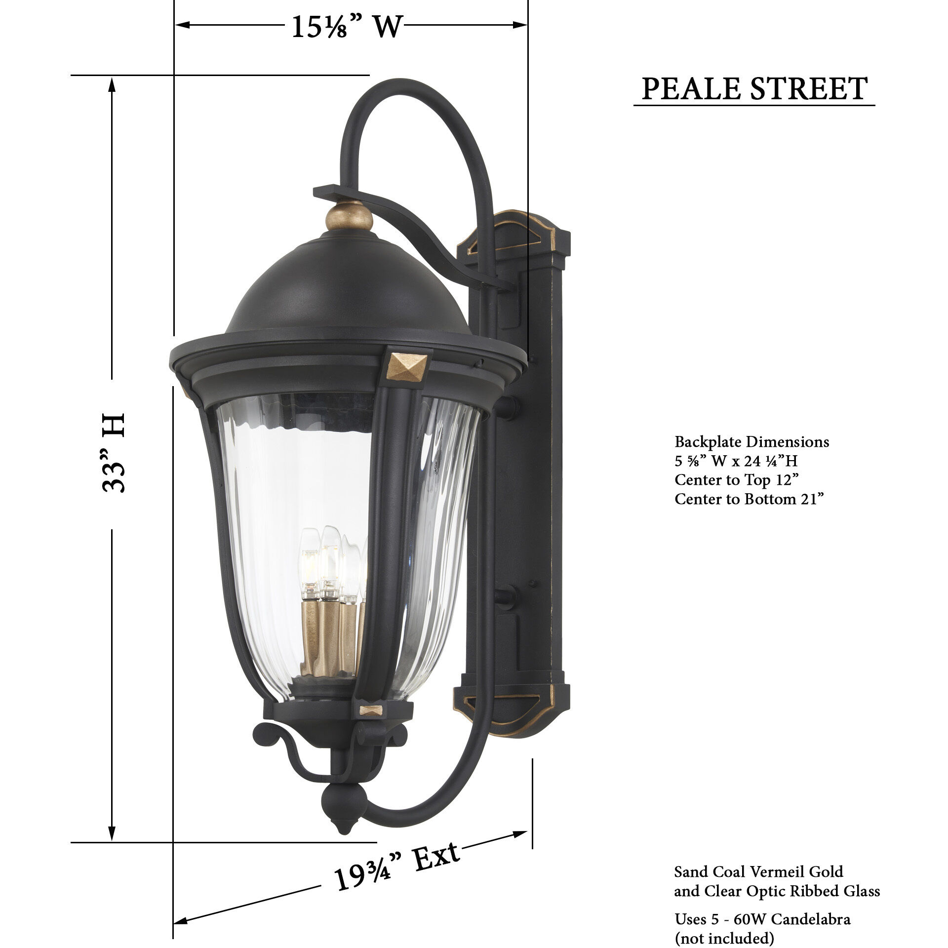 Peale Street 5 Light 33 inch Sand Coal And Vermeil Gold Outdoor Wall Mount, Great Outdoors