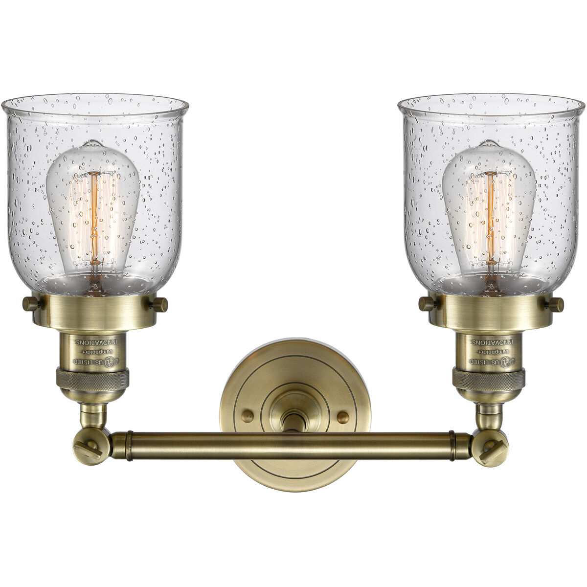 Franklin Restoration Small Bell 2 Light 16 inch Antique Brass Bath Vanity Light Wall Light in Incandescent, Seedy Glass, Franklin Restoration