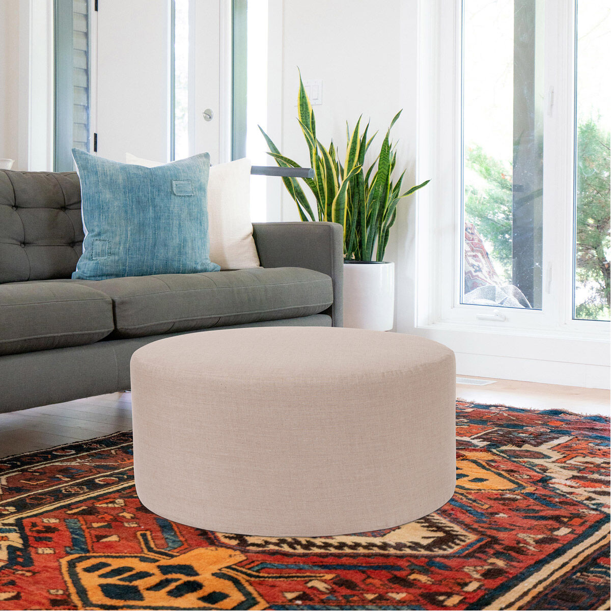 Universal 18 inch Linen Slub Natural Round Ottoman with Slipcover