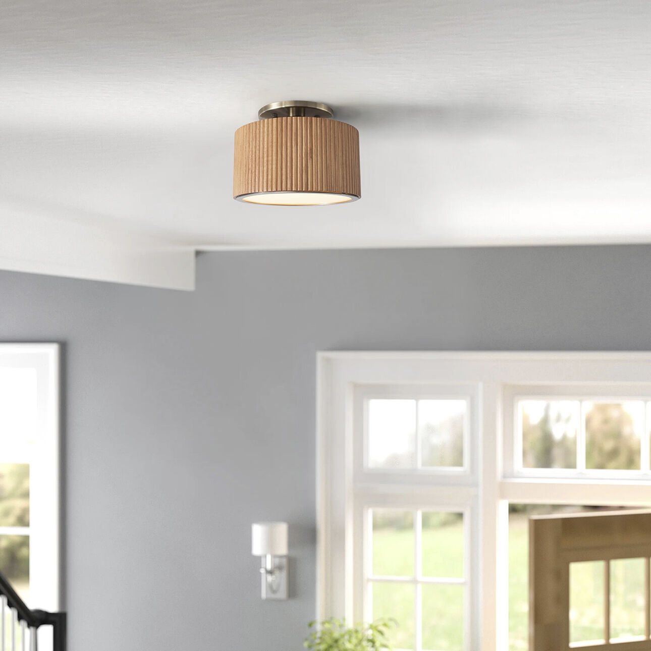 Tambo LED 10 inch Natural Ash and Weathered Brass Semi-Flush Mount Ceiling Light