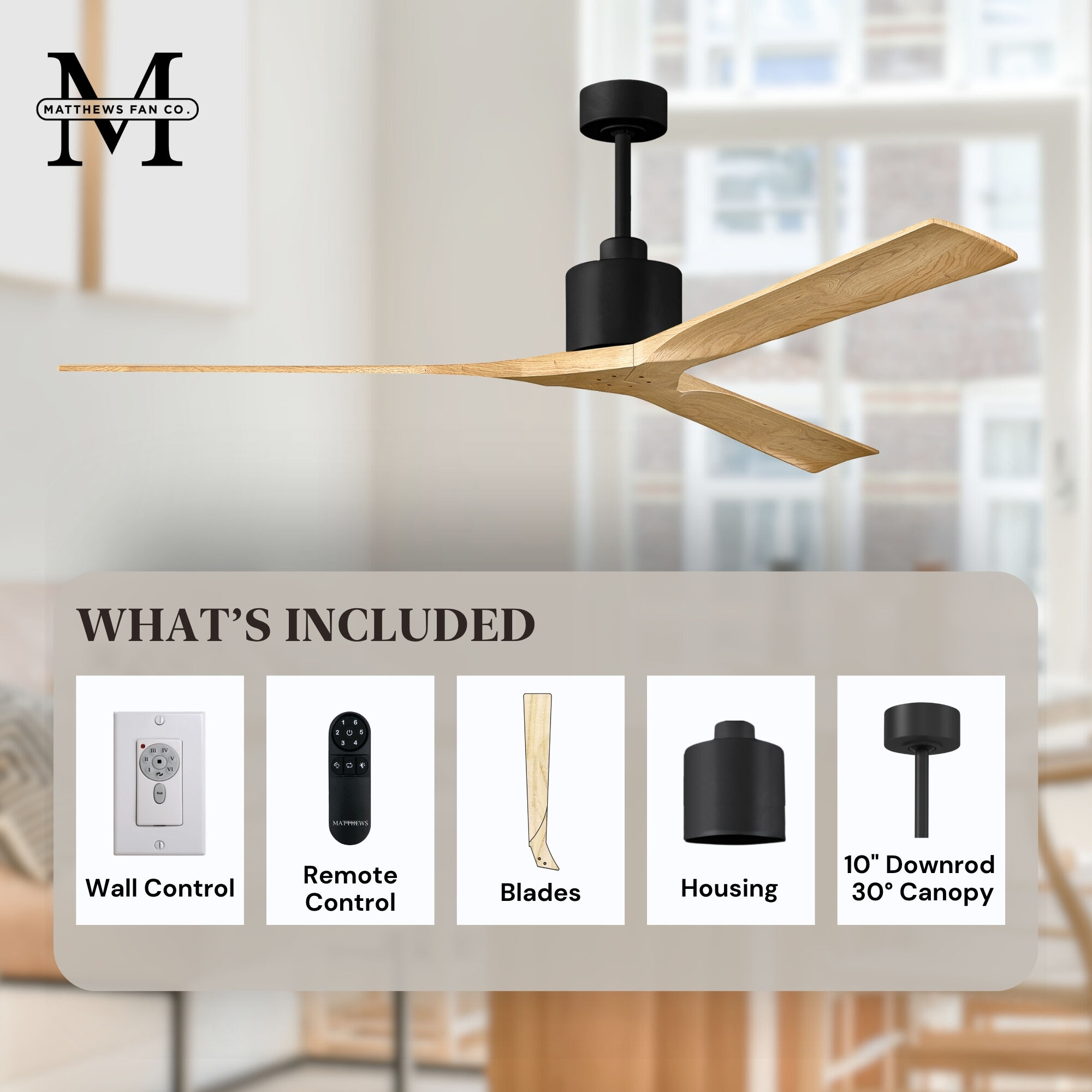 Atlas Nan XL 72 inch Matte Black with Light Maple Tone Blades Ceiling Fan