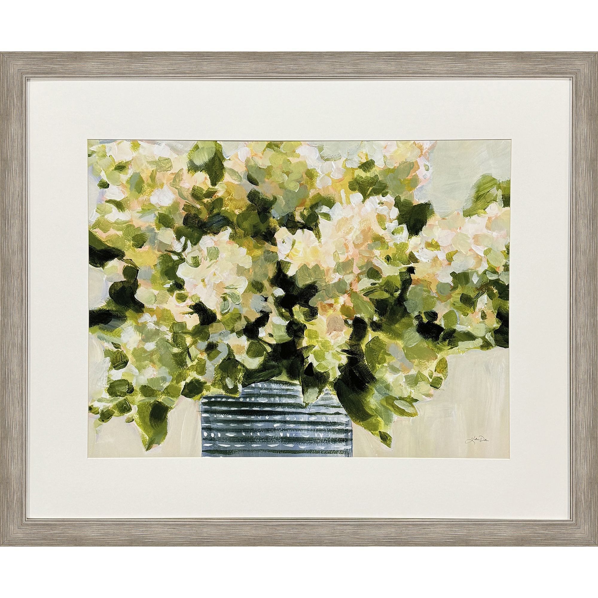 Hydrangeas in Vase Green and White and Blue Framed Art
