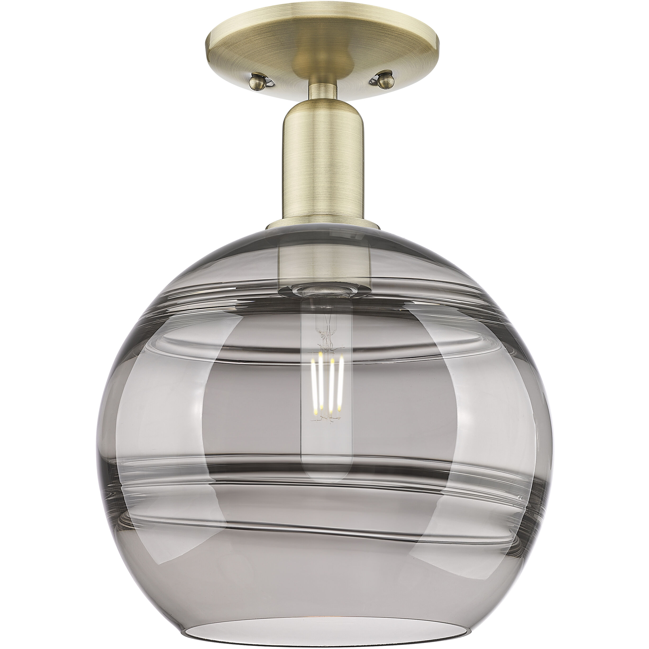 Arcadia Rochester 1 Light 10 inch Antique Brass Semi-Flush Mount Ceiling Light in Light Smoke Glass