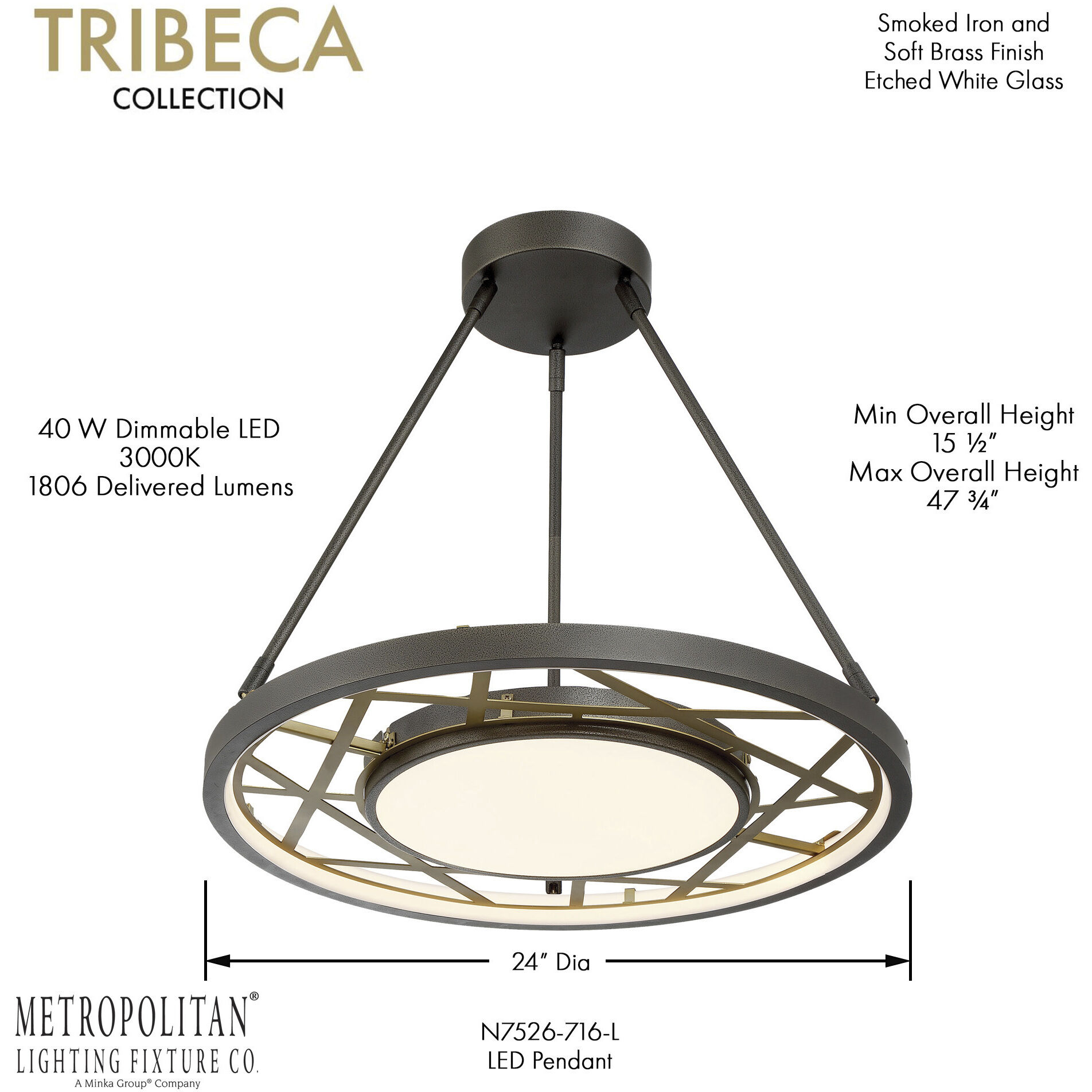 Tribeca LED 24 inch Smoked Iron And Soft Brass Pendant Ceiling Light