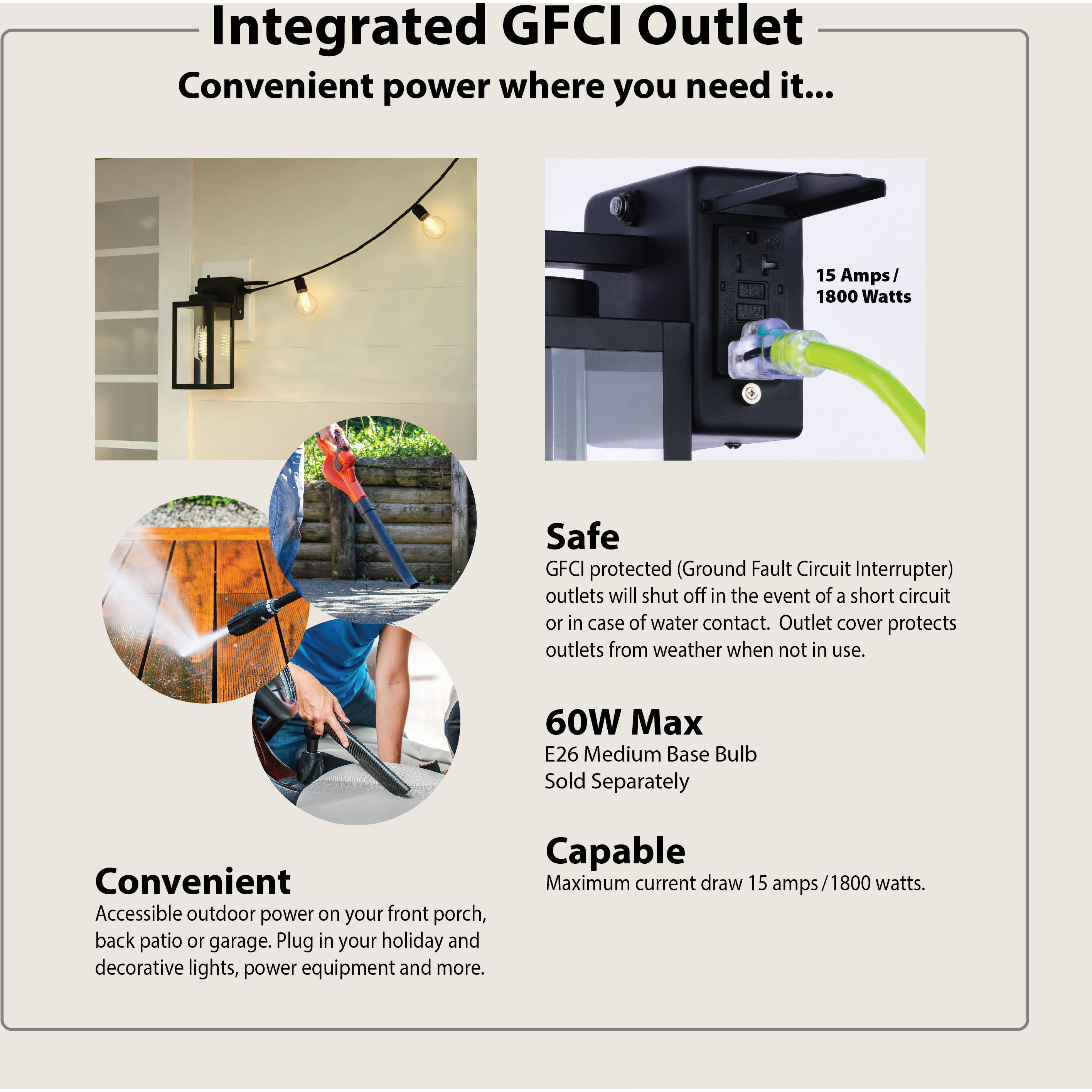 Lombard 1 Light 12.25 inch Textured Black Outdoor Wall Lantern, Integrated GFCI Outlet