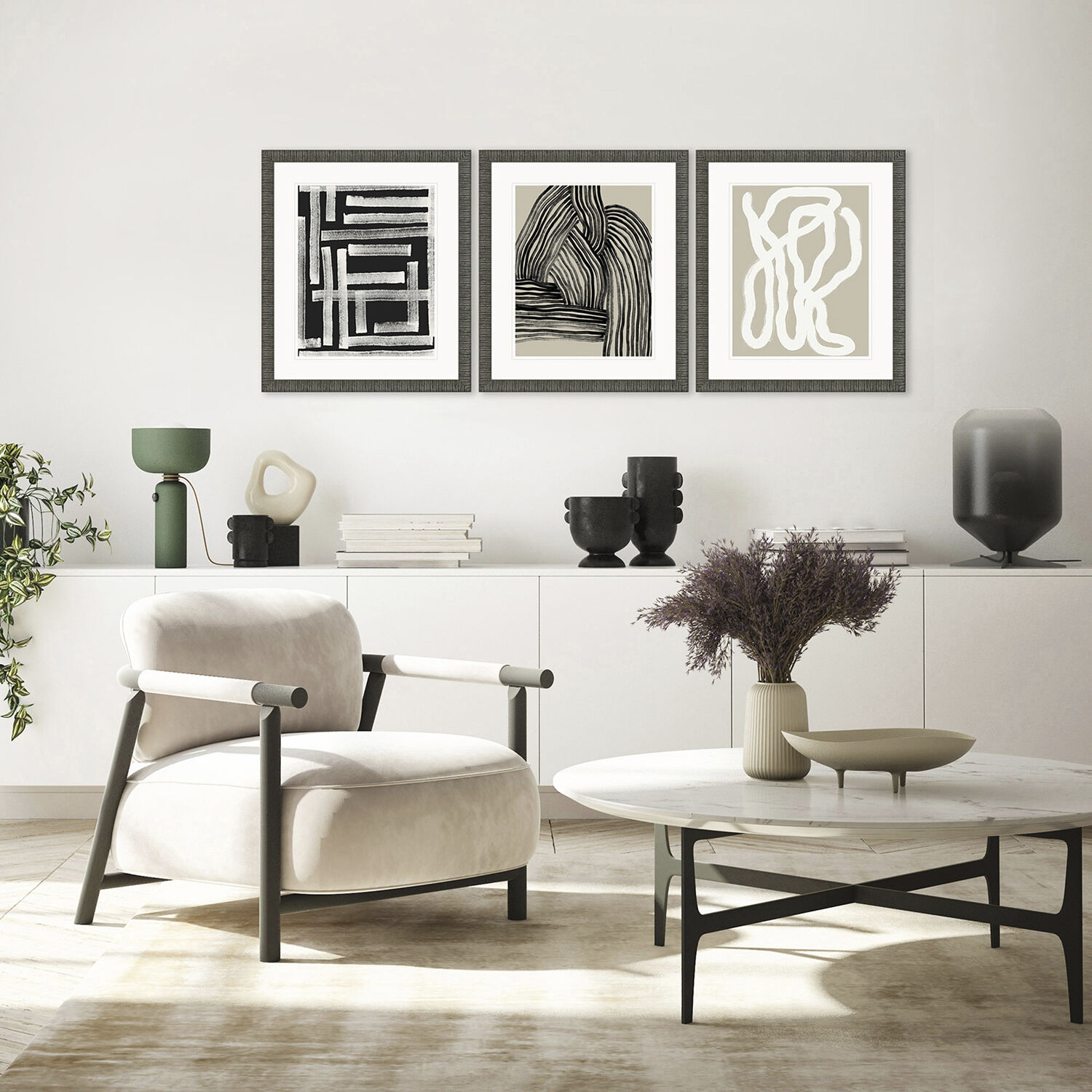 Naive Lines Black and Beige and Neutral and White Framed Art