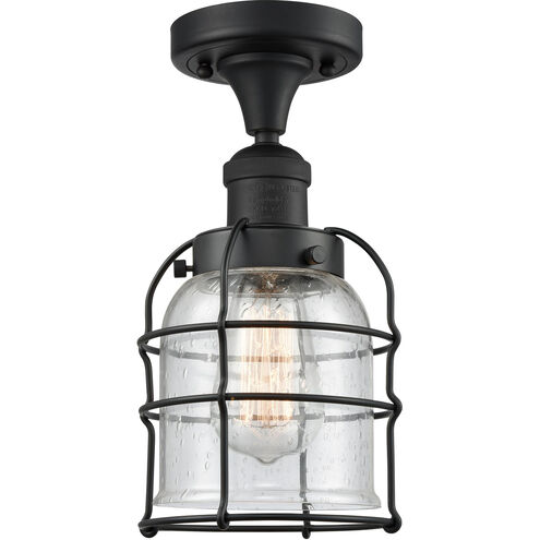 Franklin Restoration Small Bell Cage LED 5 inch Black Antique Brass Semi-Flush Mount Ceiling Light in Seedy Glass, Franklin Restoration