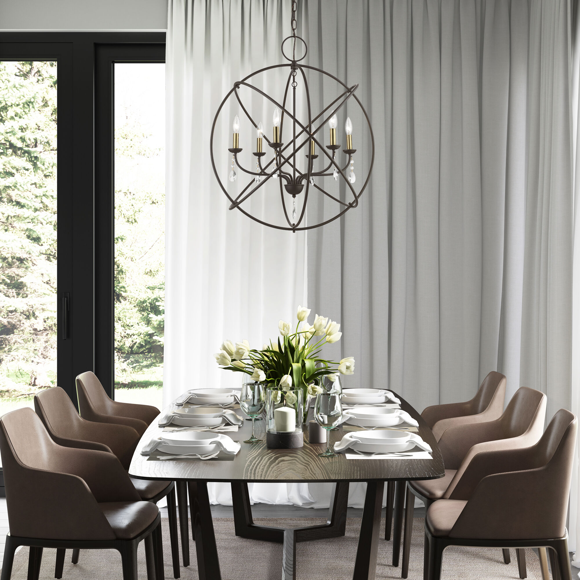 Aria 6 Light 28 inch Bronze with Antique Brass Finish Candles Pendant Chandelier Ceiling Light, Globe