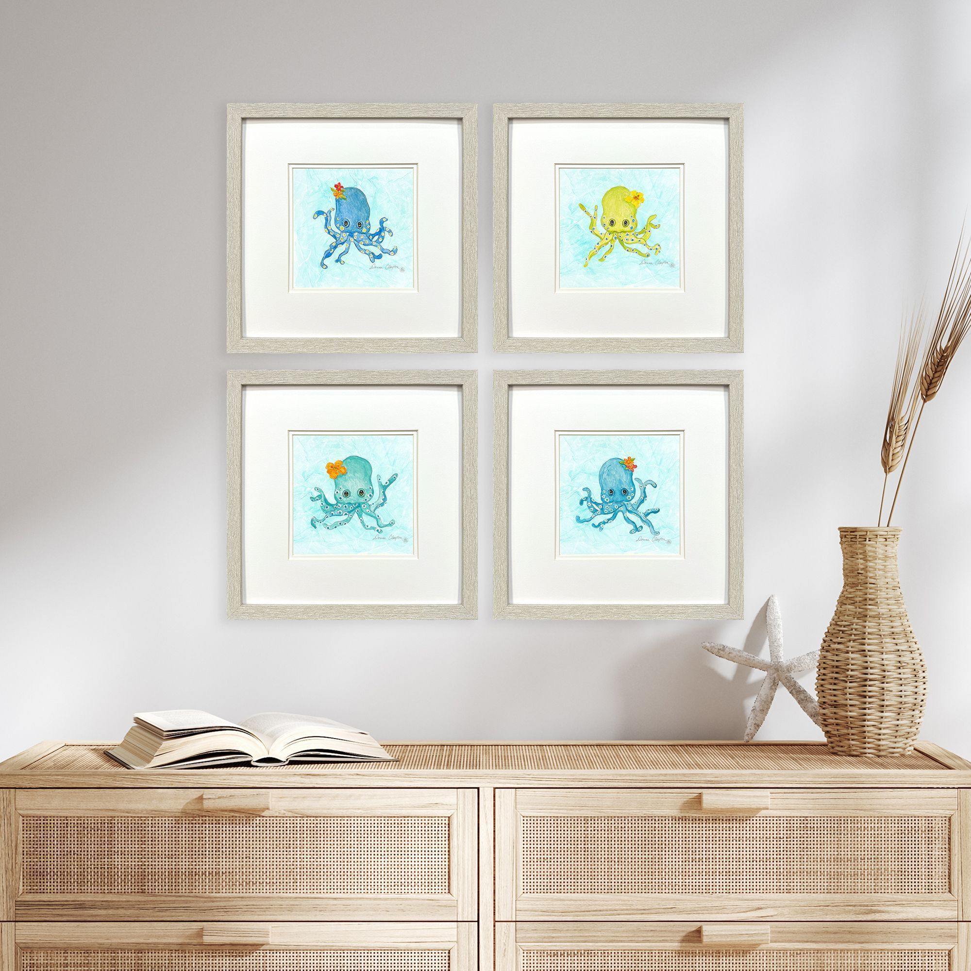 Baby Octopus Blue and Green and Multi and Teal Framed Art, Propac