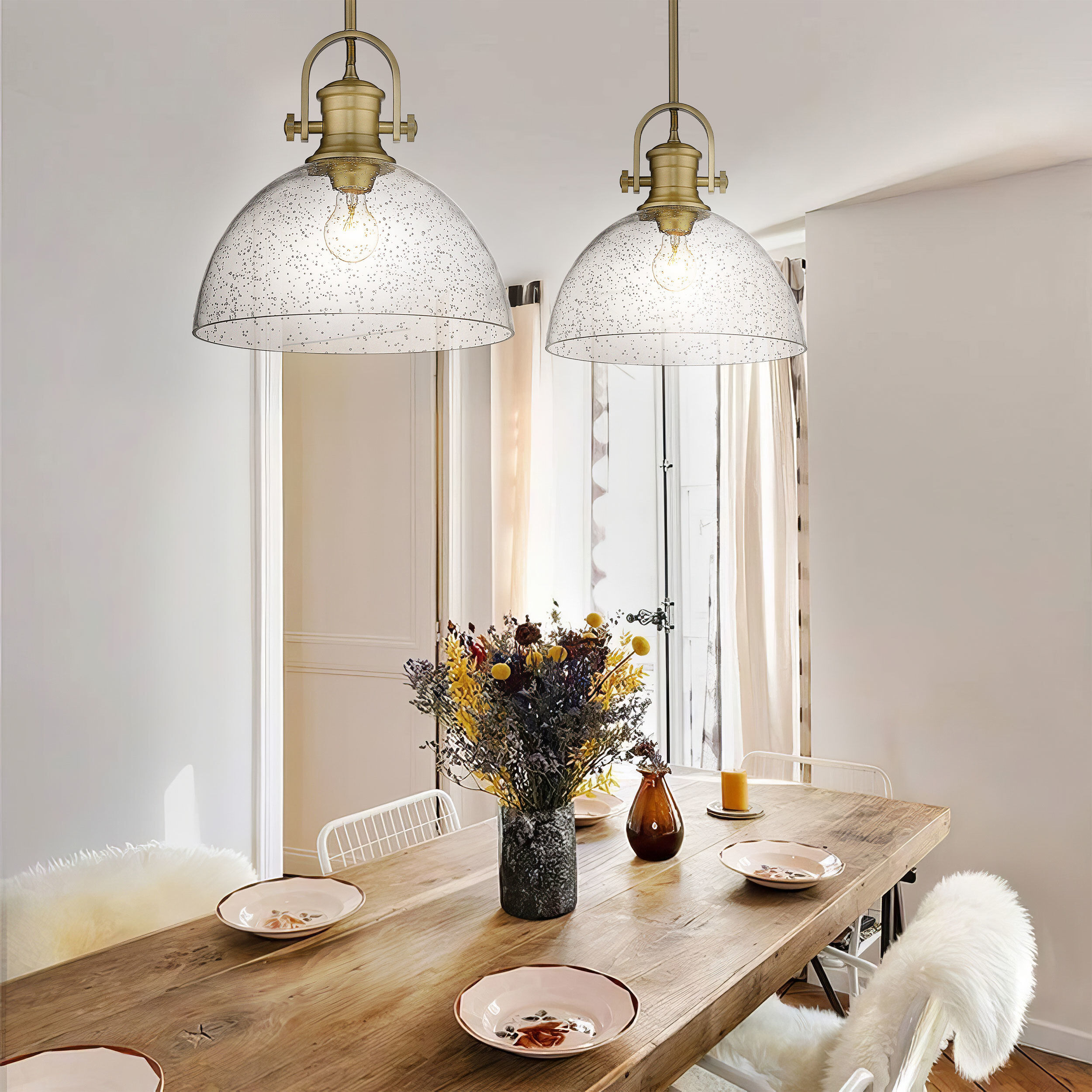 Yep Hines 1 Light 13.5 inch Brushed Champagne Brass Pendant Ceiling Light in Seeded Glass, Large