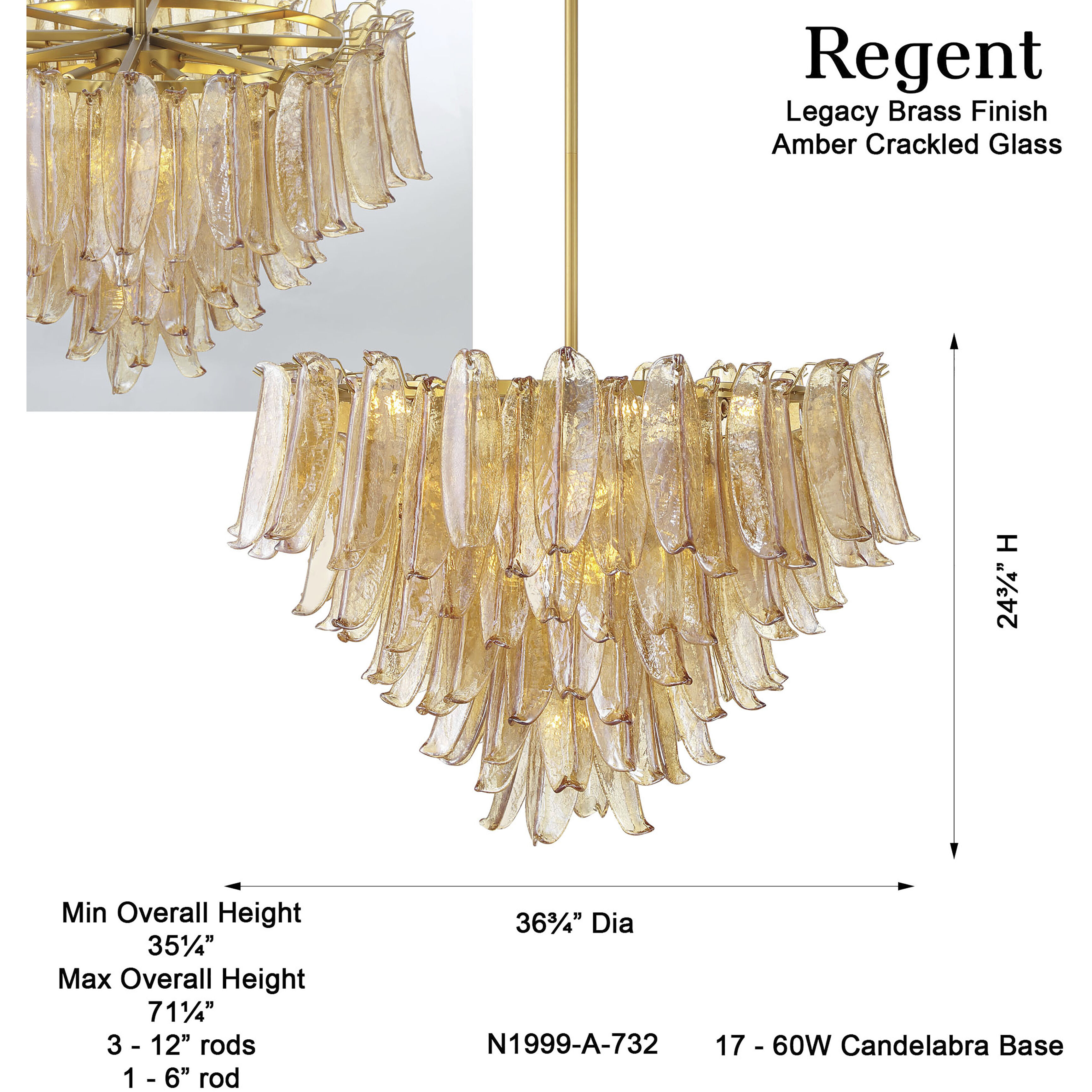 Regent 17 Light 36.75 inch Legacy Brass Chandelier Ceiling Light in Amber Crackled Glass