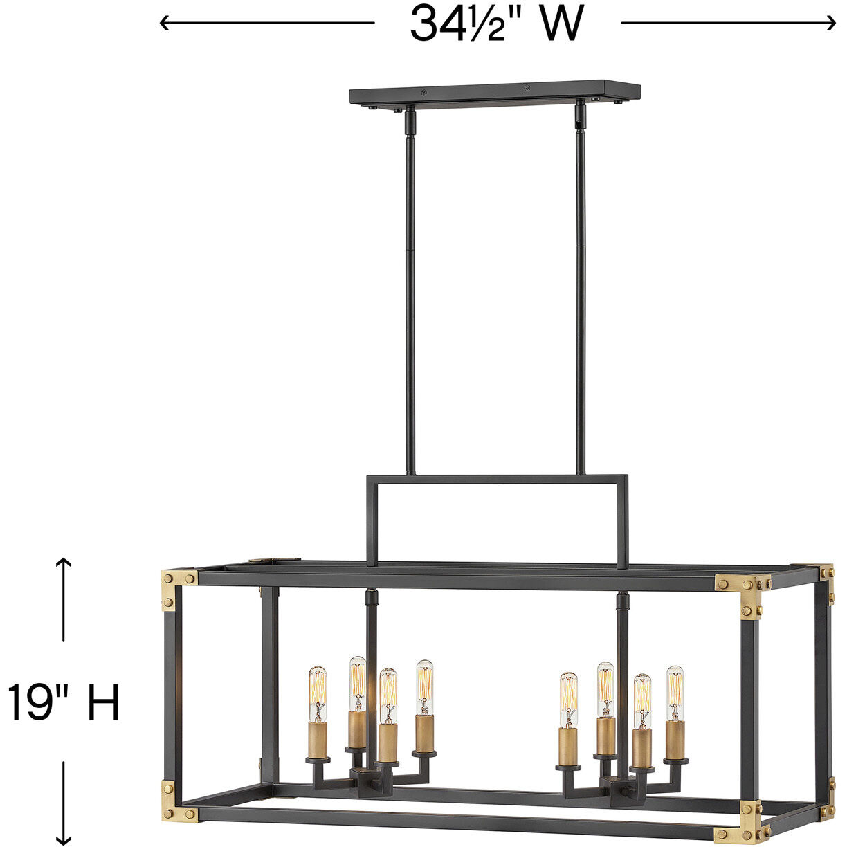 Louis 8 Light 34.5 inch Satin Black with Heritage Brass Indoor Linear Chandelier Ceiling Light