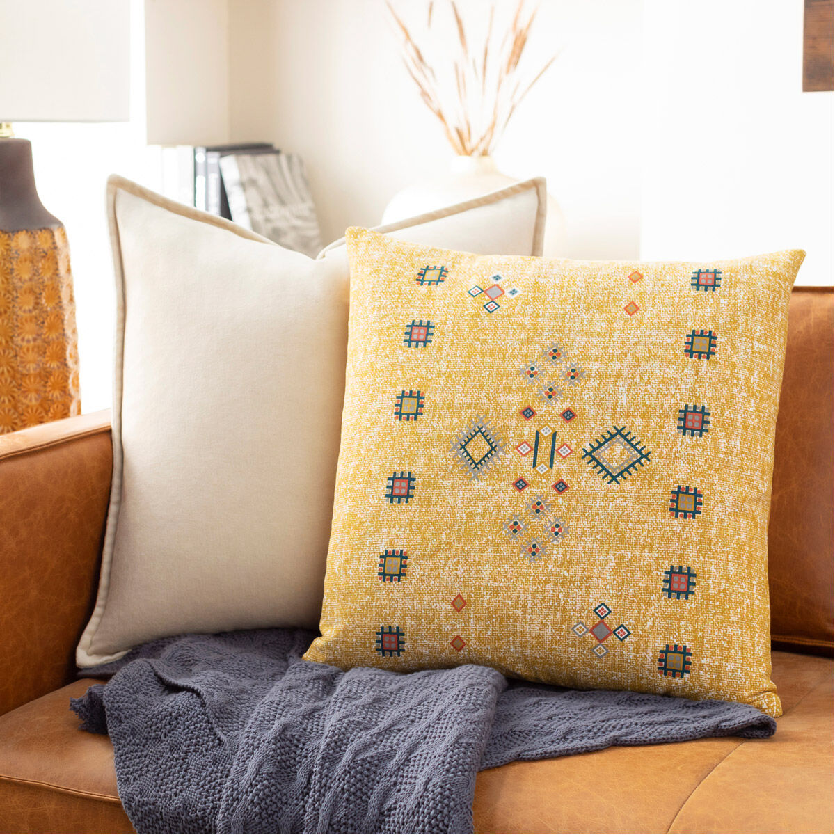 Cactus Silk 18 X 18 inch Mustard/White/Light Gray/Bright Blue/Bright Orange Pillow Kit, Square