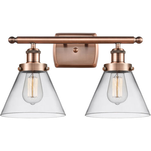 Ballston Large Cone 2 Light 16 inch Antique Copper Bath Vanity Light Wall Light in Clear Glass