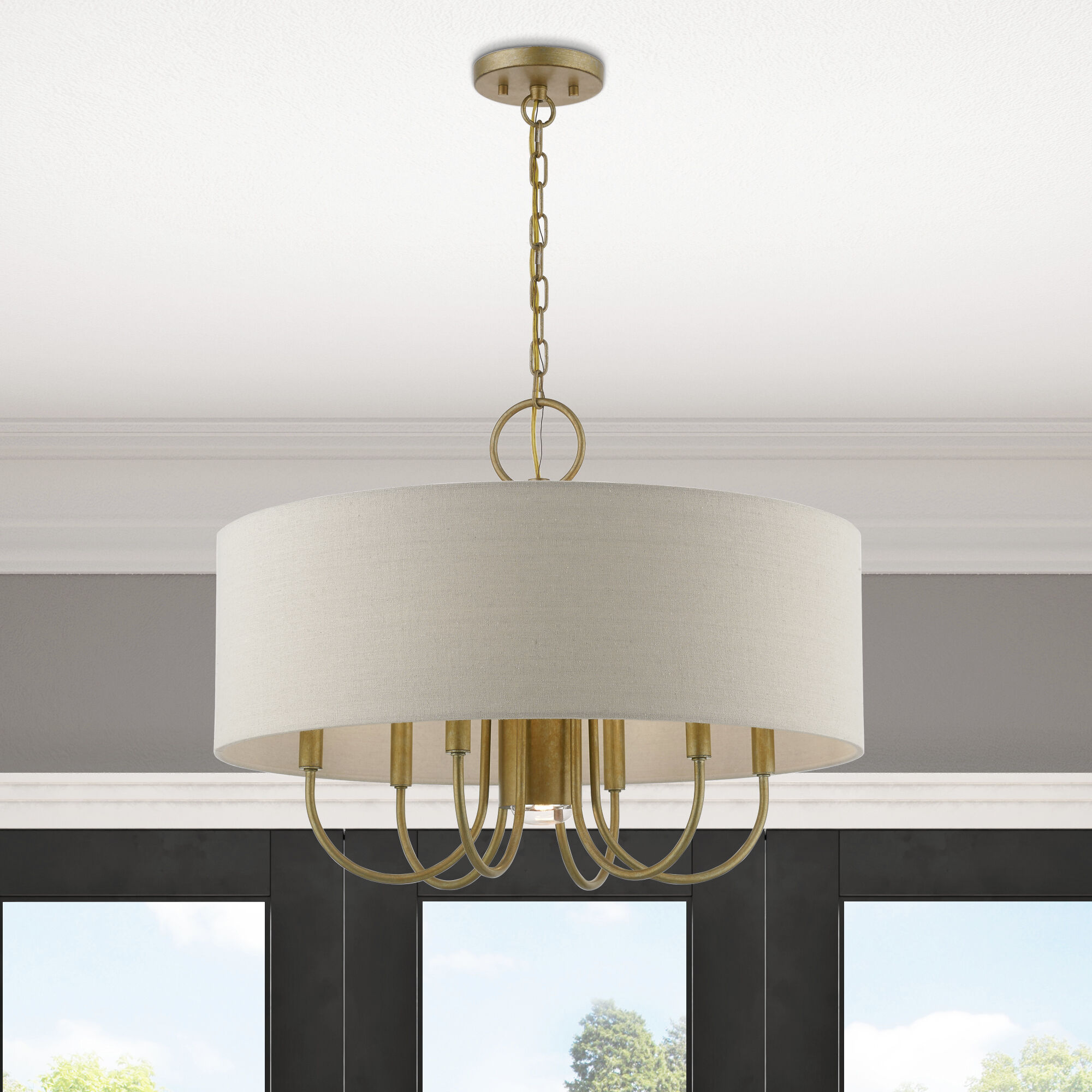 Burnett 7 Light 24 inch Antique Gold Leaf with White Accents Pendant Chandelier Ceiling Light