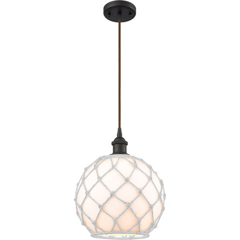 Ballston Large Farmhouse Rope 1 Light 10 inch Oil Rubbed Bronze Mini Pendant Ceiling Light in White Glass with White Rope, Ballston