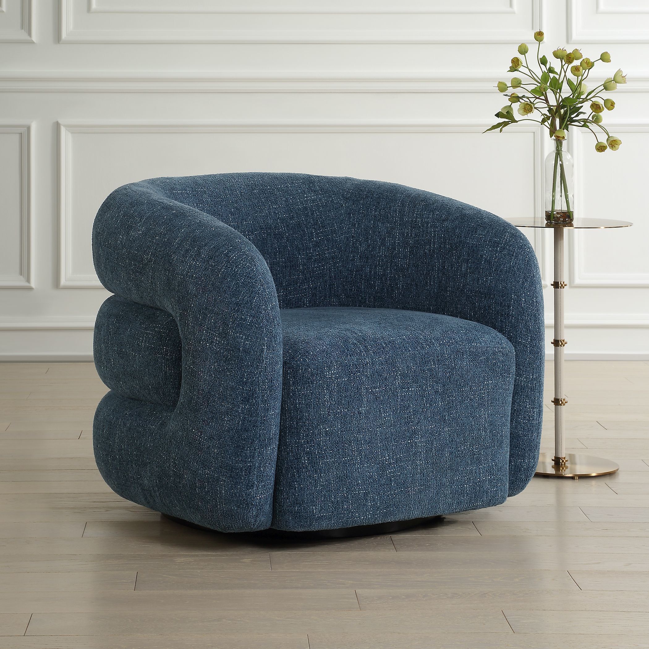 Junie Black and Blueberry Swivel Barrel Chair