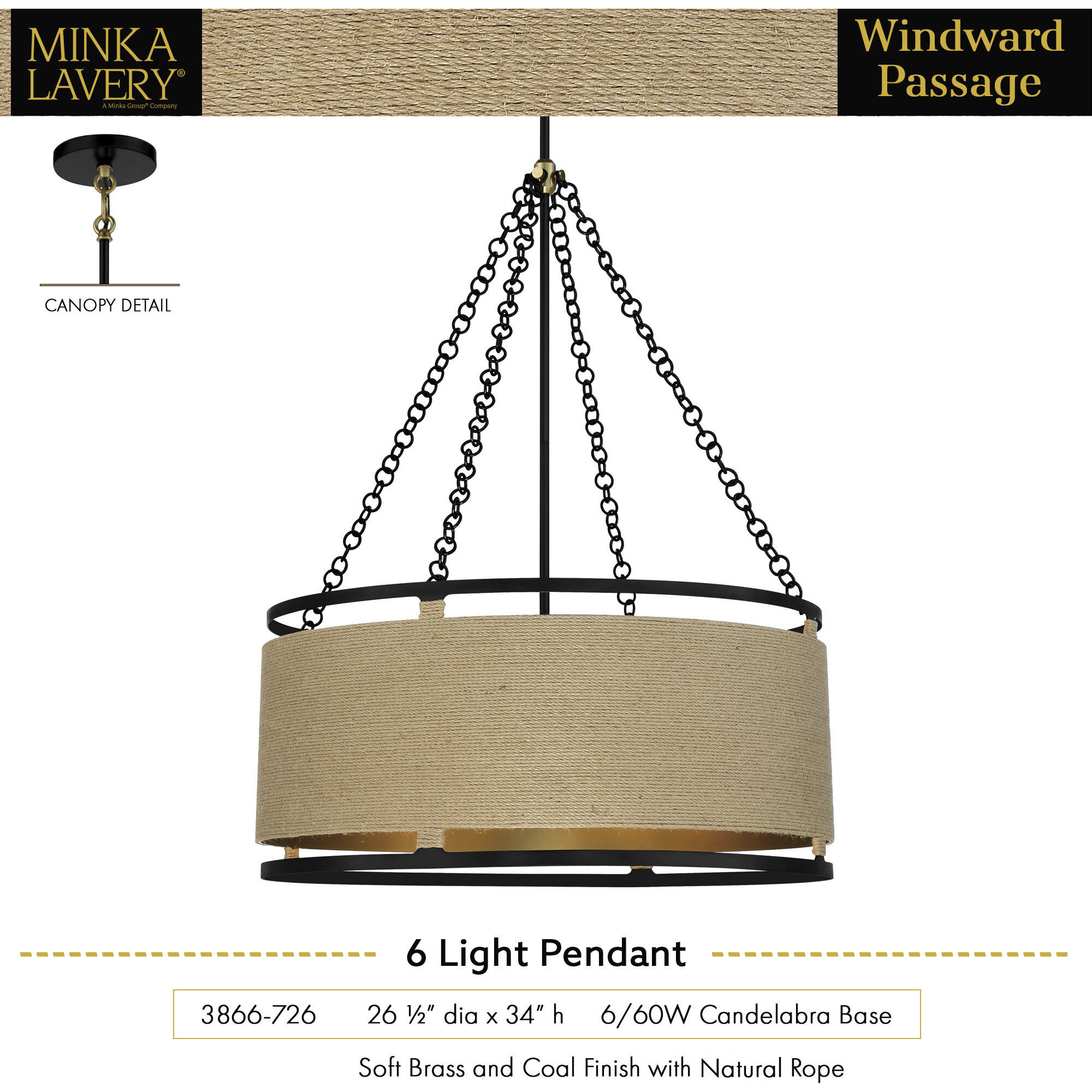 Windward Passage 6 Light 26.5 inch Coal And Soft Brass Pendant Ceiling Light in Coal/Soft Brass