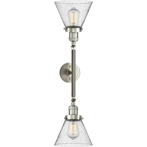 Franklin Restoration Large Cone 2 Light 18 inch Brushed Satin Nickel Bath Vanity Light Wall Light in Seedy Glass, Franklin Restoration