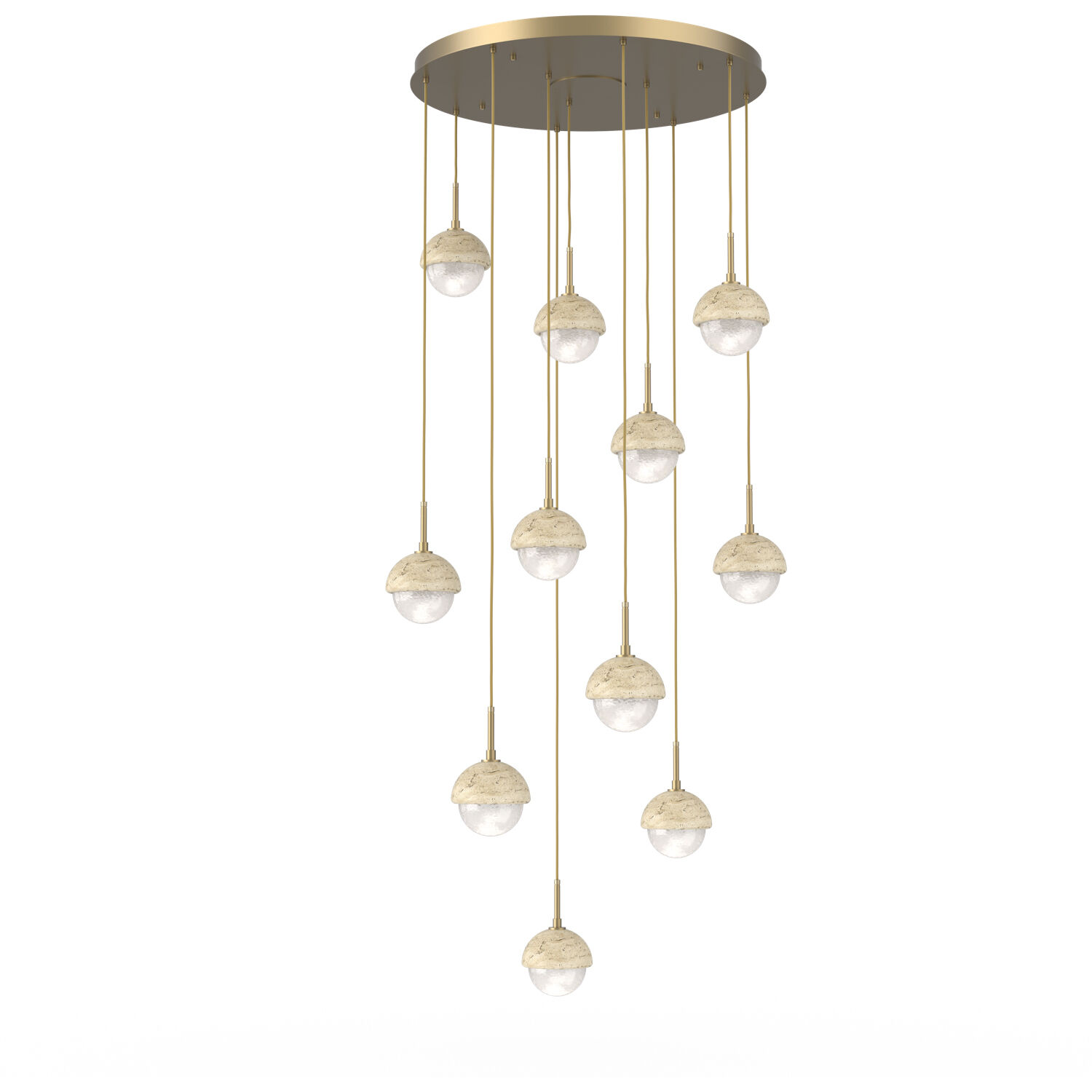 Cabochon LED Gilded Brass with Travertine Stone Pendant Chandelier Ceiling Light in 3000K LED, Opal White