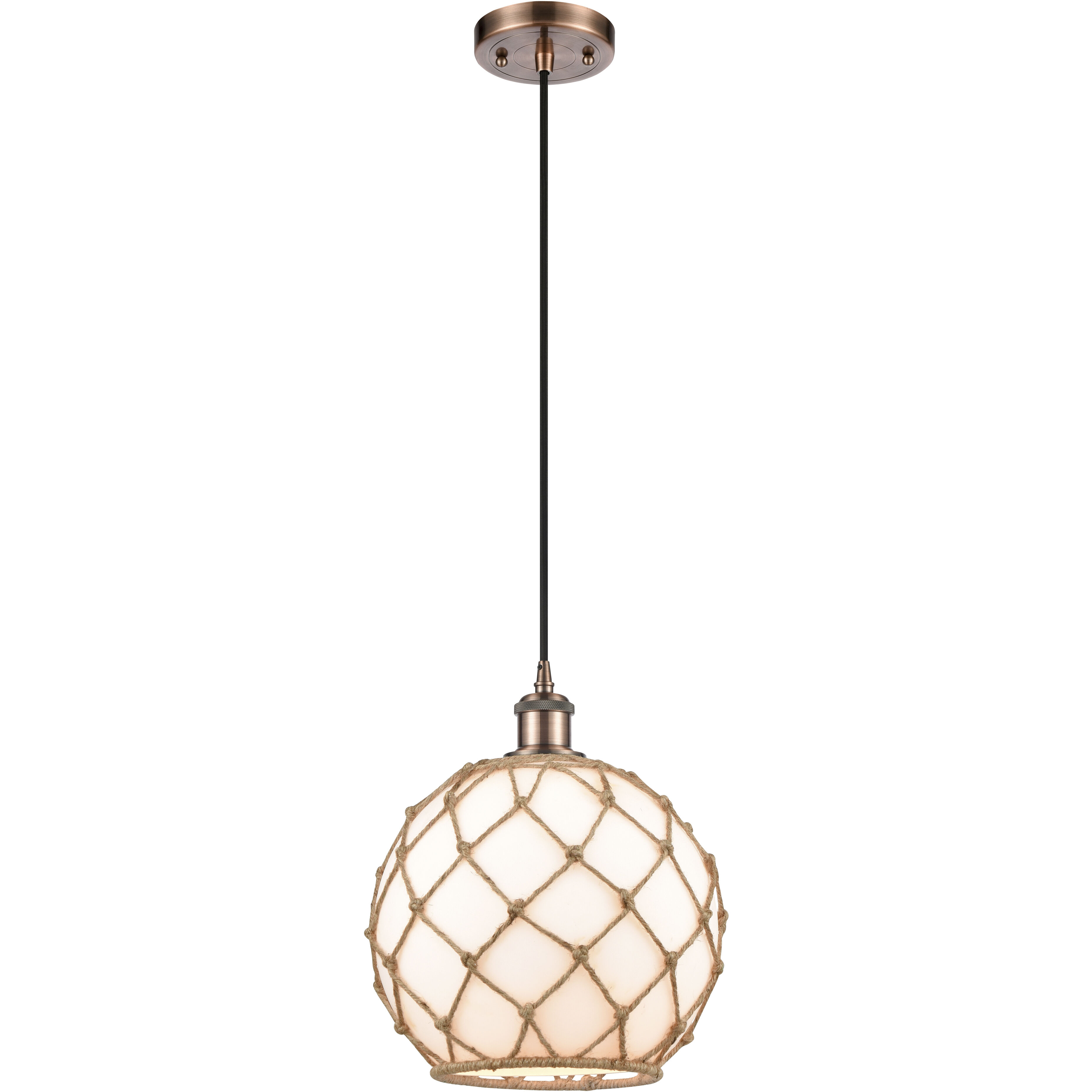 Ballston Farmhouse Rope 1 Light 10 inch Antique Copper Mini Pendant Ceiling Light in Bulb Not Included, White Glass with Brown Rope, Ballston