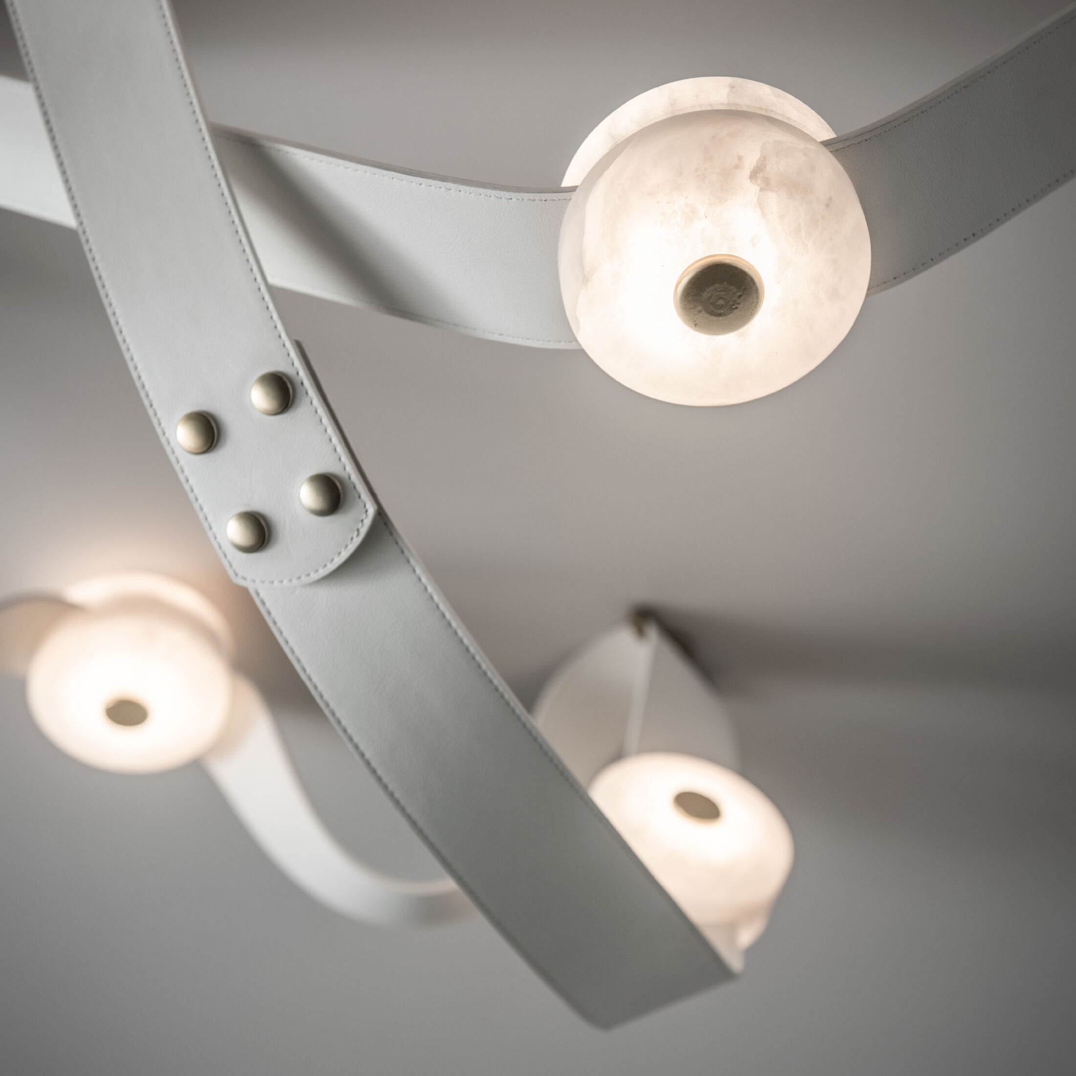 Art & Alchemy SNAPS LED 86.5 inch Modern Brass Pendant Ceiling Light in White Leather with Alabaster, Large