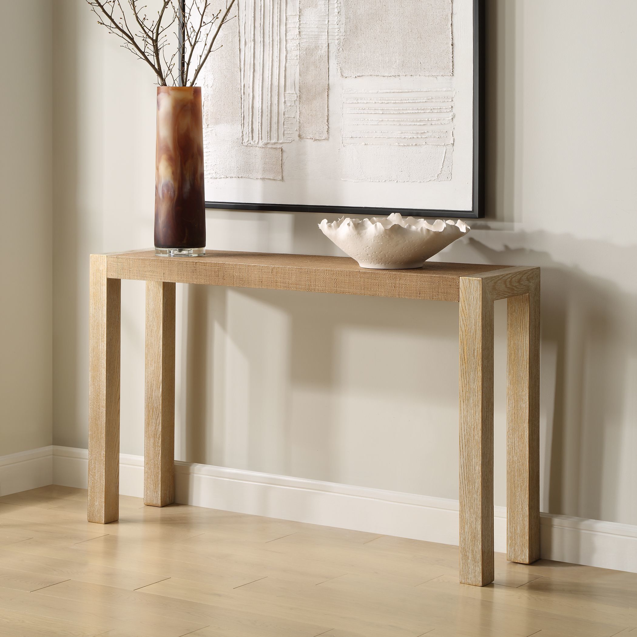Bentley 52 inch Textured Grasscloth and Oak Veneer Console Table