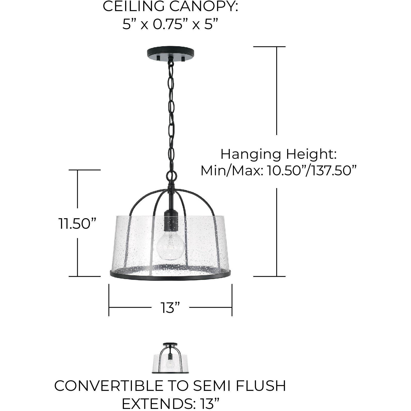 Madison 1 Light 13 inch Matte Black Semi-Flush Mount Ceiling Light, Convertible Dual Mount