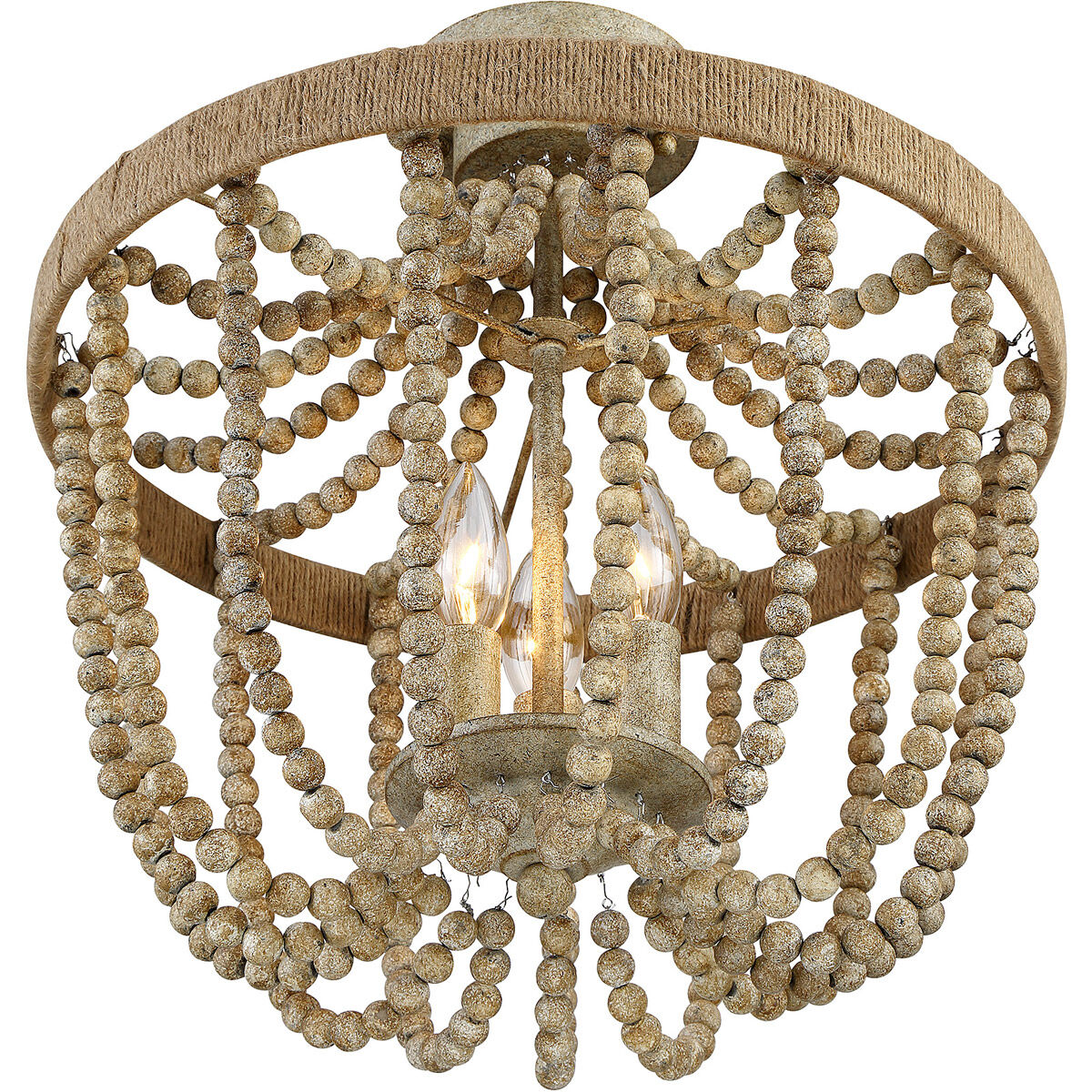 Bohemian 3 Light 15 inch Natural Wood with Rope Semi-Flush Ceiling Light