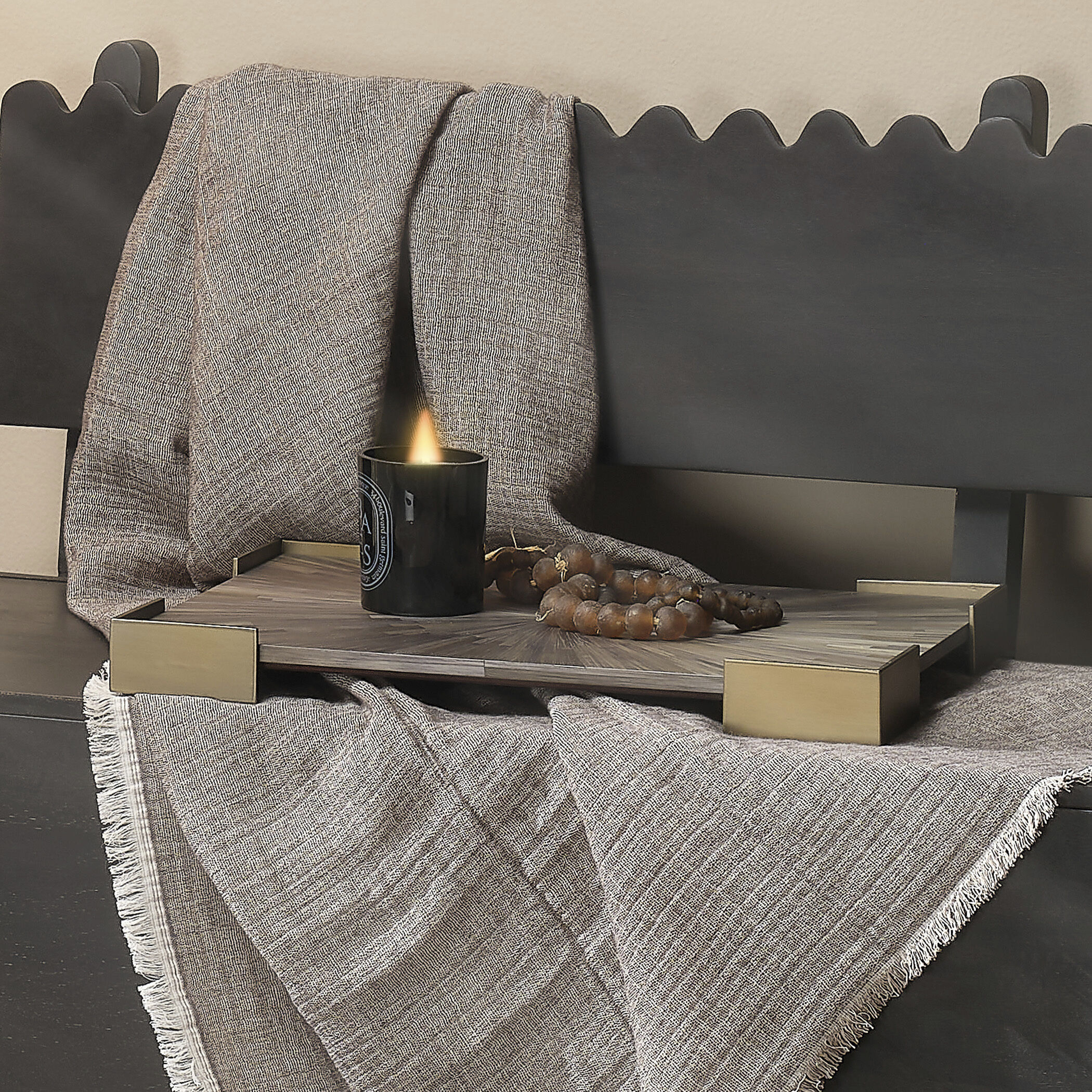 Palm Grey Straw and Antique Brass Marquetry Tray