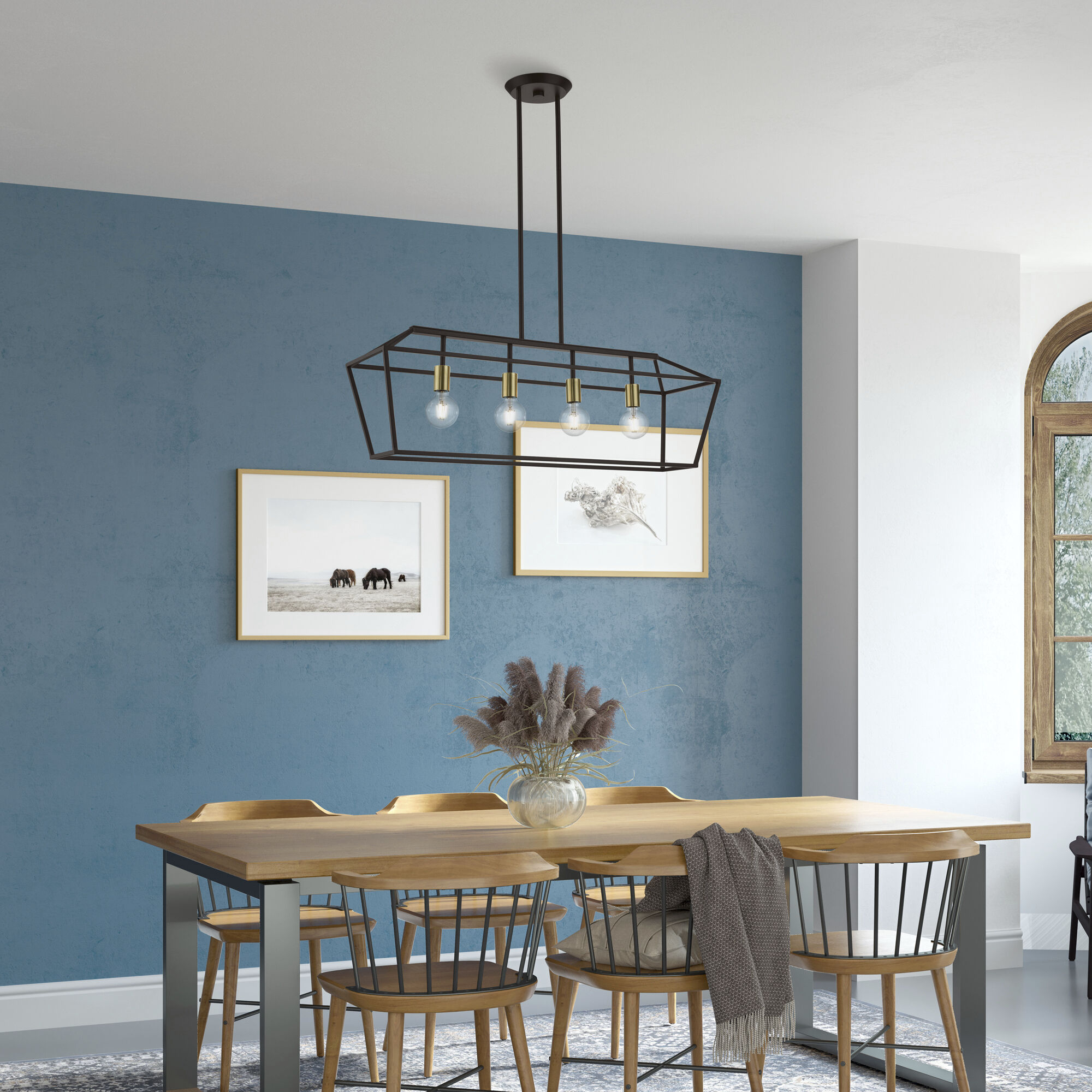 Devone 4 Light 38 inch Bronze with Antique Brass Accents Linear Chandelier Ceiling Light