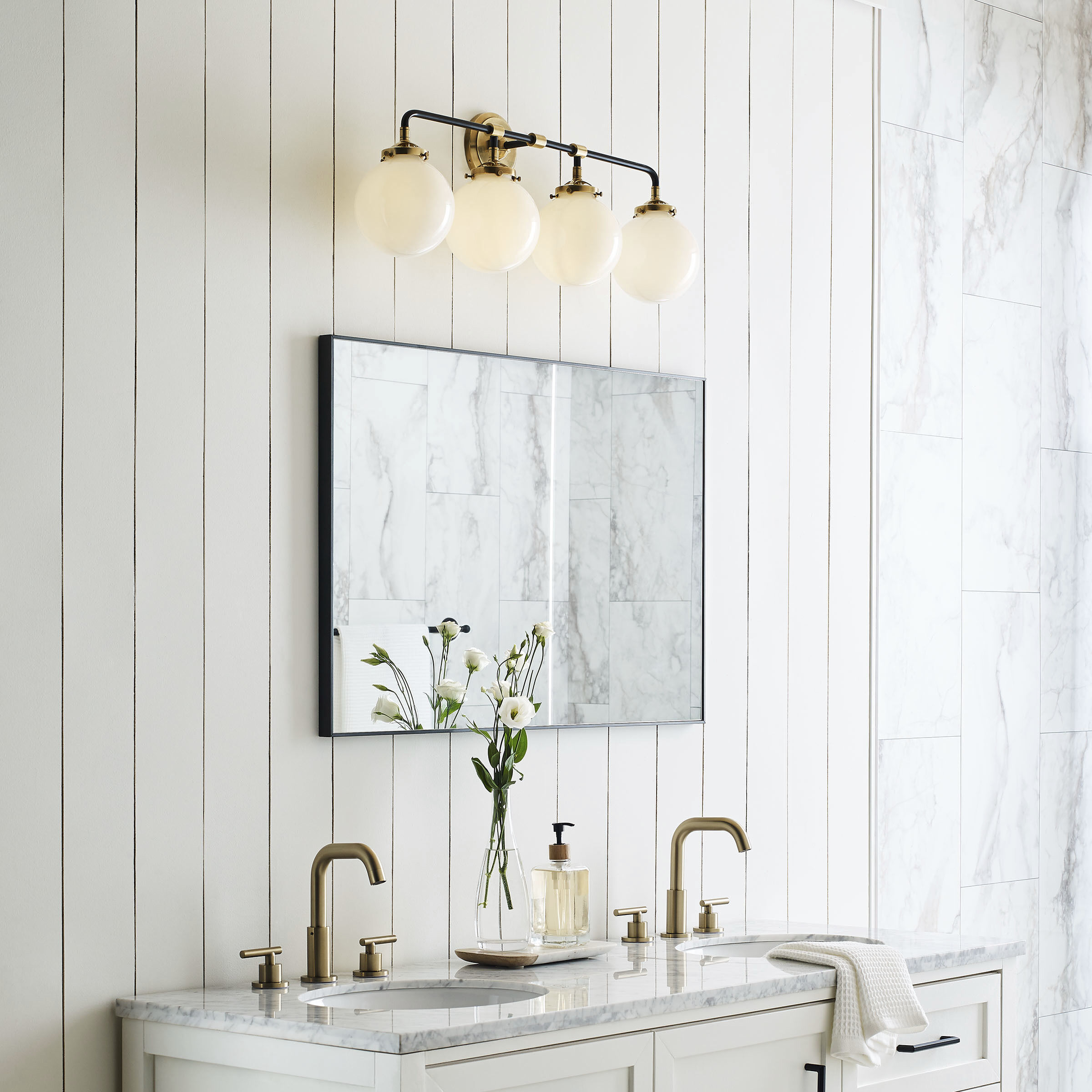 Ian K. Fowler Bistro 4 Light 30 inch Hand-Rubbed Antique Brass and Black Bath Sconce Wall Light in White Glass