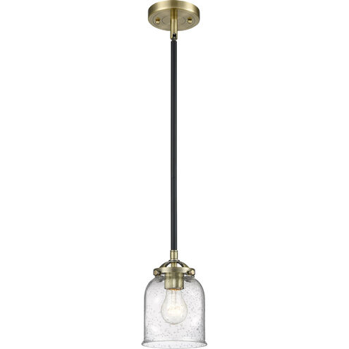Nouveau Small Bell LED 5 inch Black Antique Brass Mini Pendant Ceiling Light in Seedy Glass, Nouveau