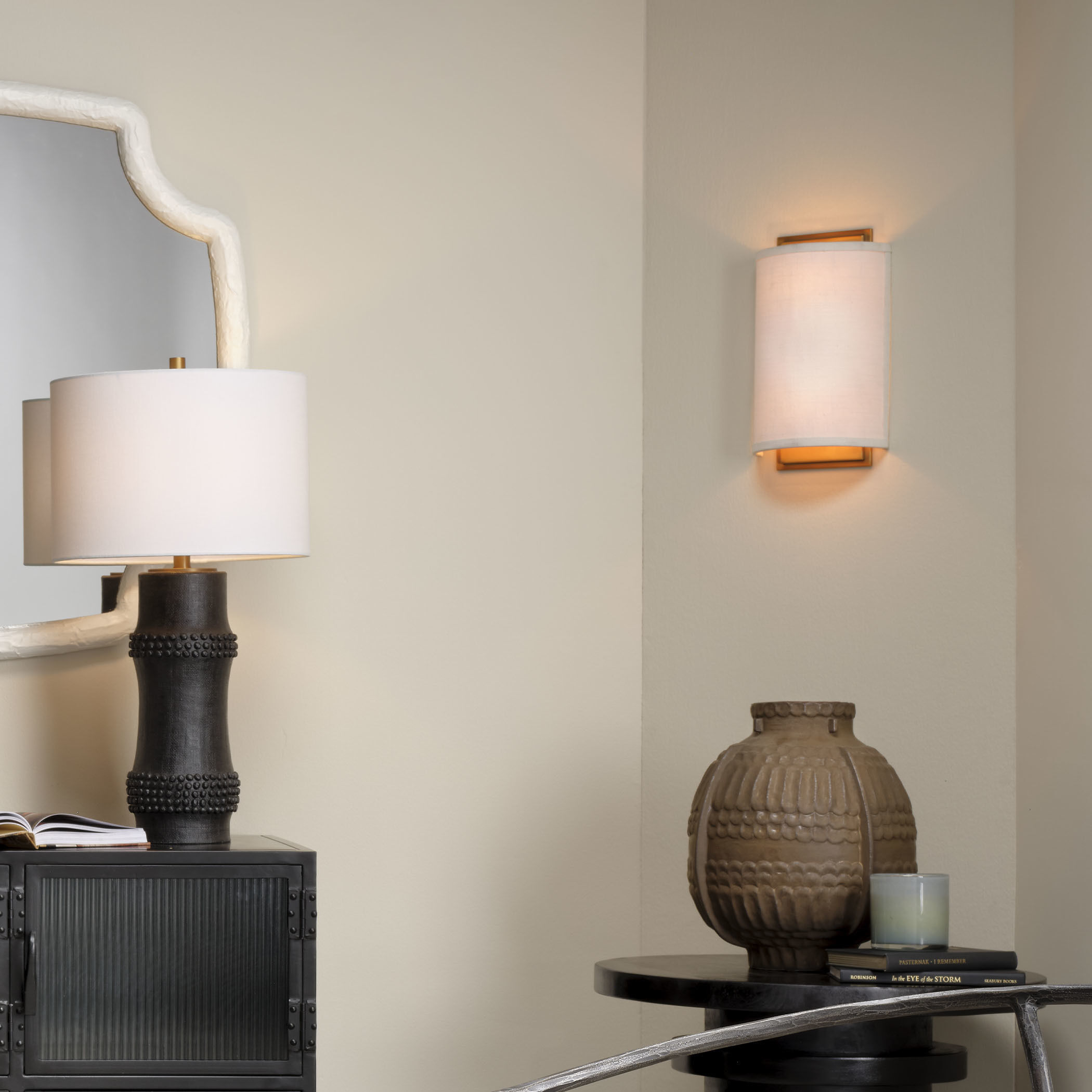 Riley LED 8 inch Antique Brass Wall Sconce Wall Light in White Linen, Inline