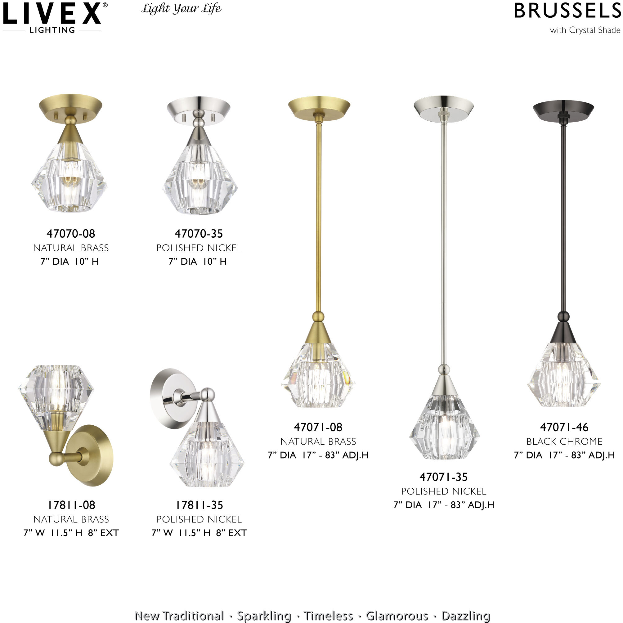 Brussels 1 Light 7 inch Natural Brass Pendant Ceiling Light, Crystal, Single