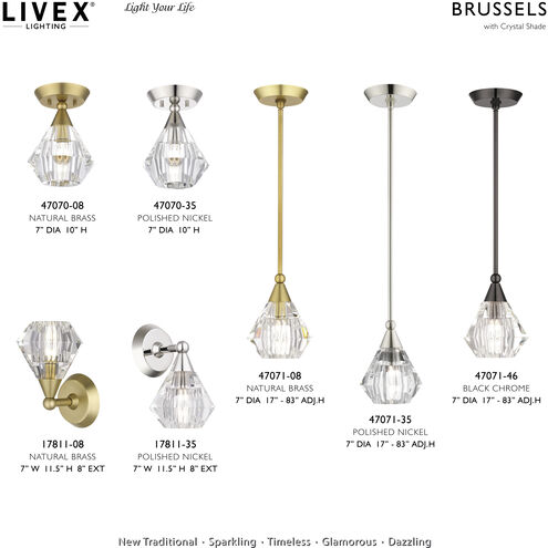Brussels 1 Light 7 inch Natural Brass Pendant Ceiling Light, Crystal, Single