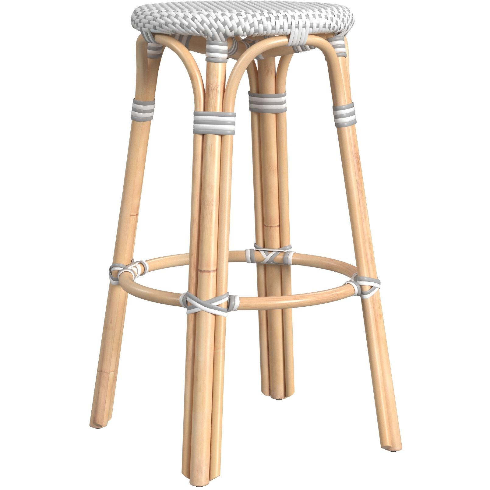 Tobias Round Rattan 30" Bar Stool in White and Gray Dot