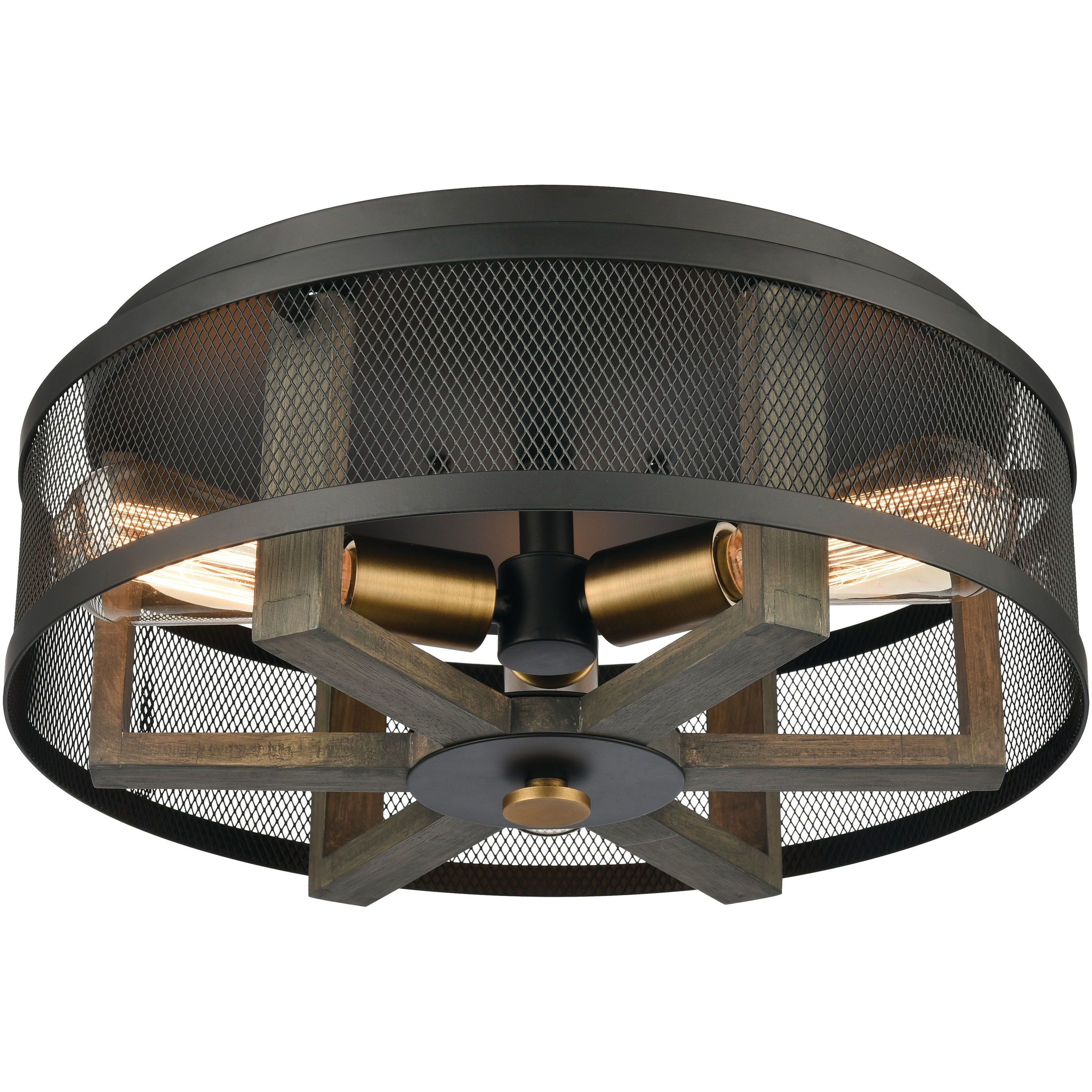 Woodbridge 3 Light 17 inch Matte Black with Weathered Oak and Brass Flush Mount Ceiling Light