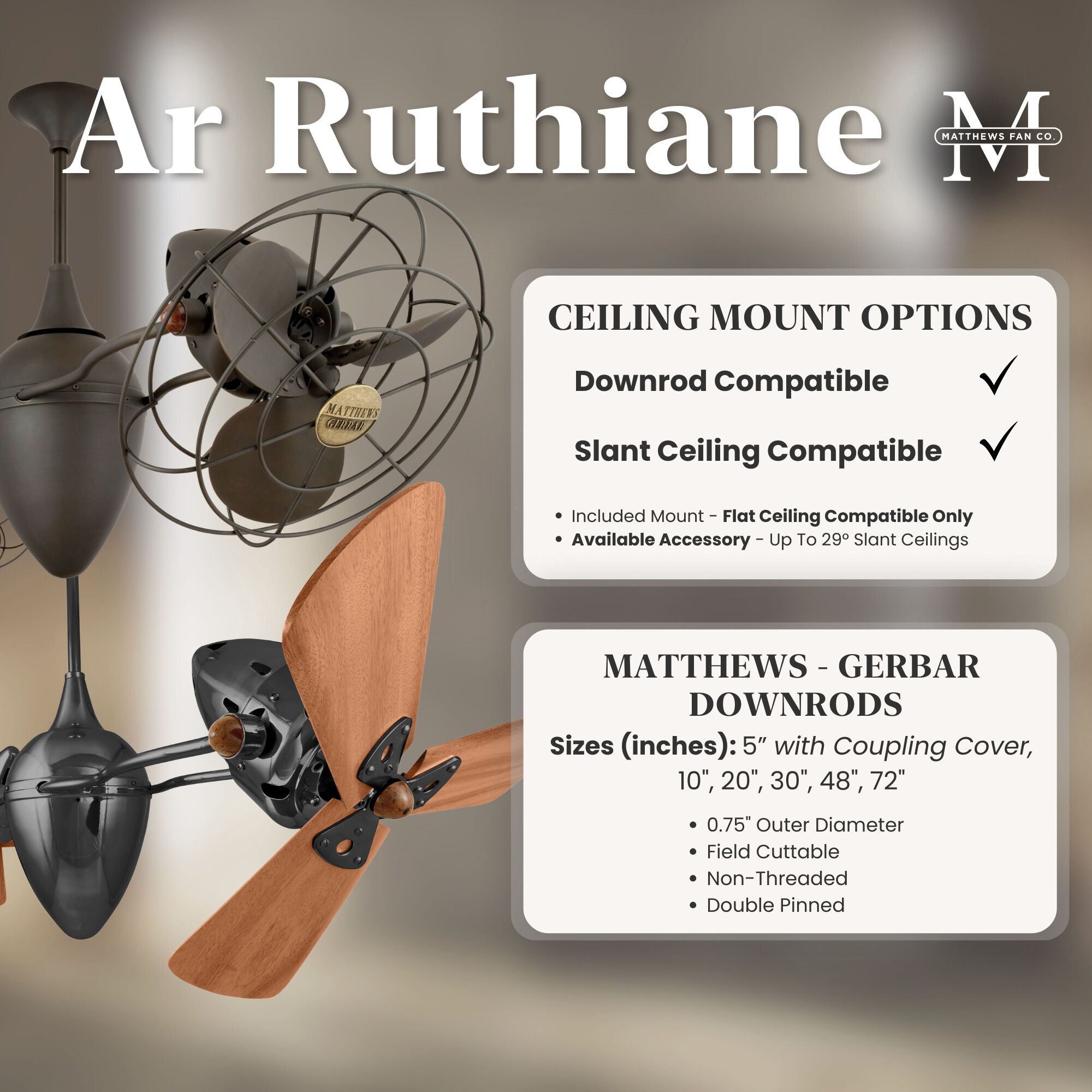 Matthews-Gerbar Ar Ruthiane 16 inch Gloss White with Solid Mahogany Wood Blades Rotational Ceiling Fan, Matthews-Gerbar