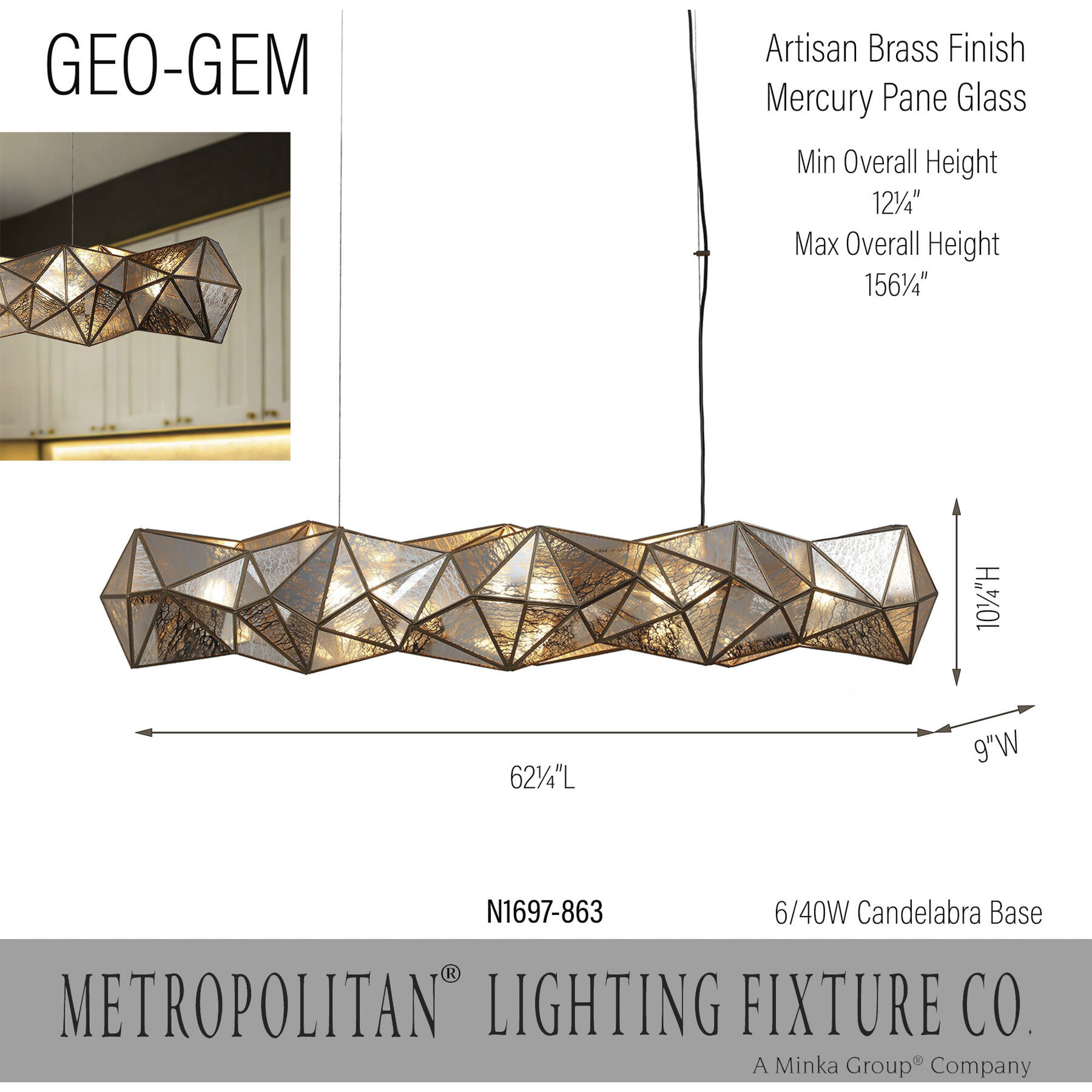 Geo-Gem 6 Light 62.2 inch Brass Antique Island Light Ceiling Light
